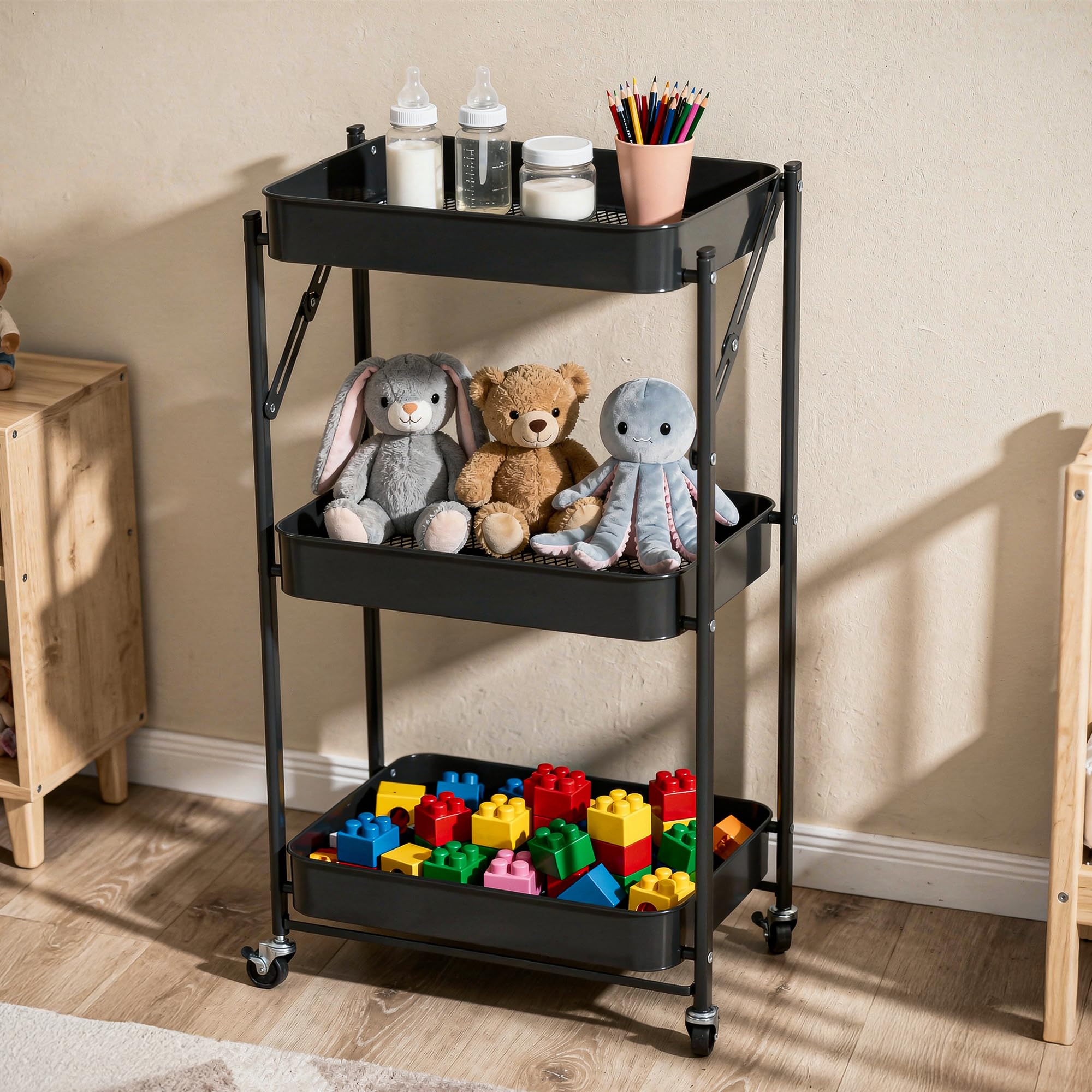 Dailora Multipurpose Foldable Kitchen Storage Trolley | Heavy Metal 3Tier Utility Cart For Storage | Portable Cart For Kitchen,