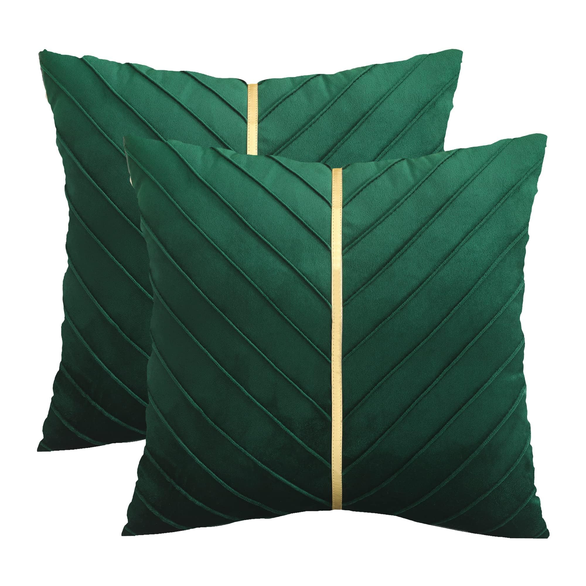 Tosleo Christmas Green Velvet Throw Pillow Covers 24X24 Inch Pack Of 2 With Gold Leather Forest Green Decorative Couch Pillowcas