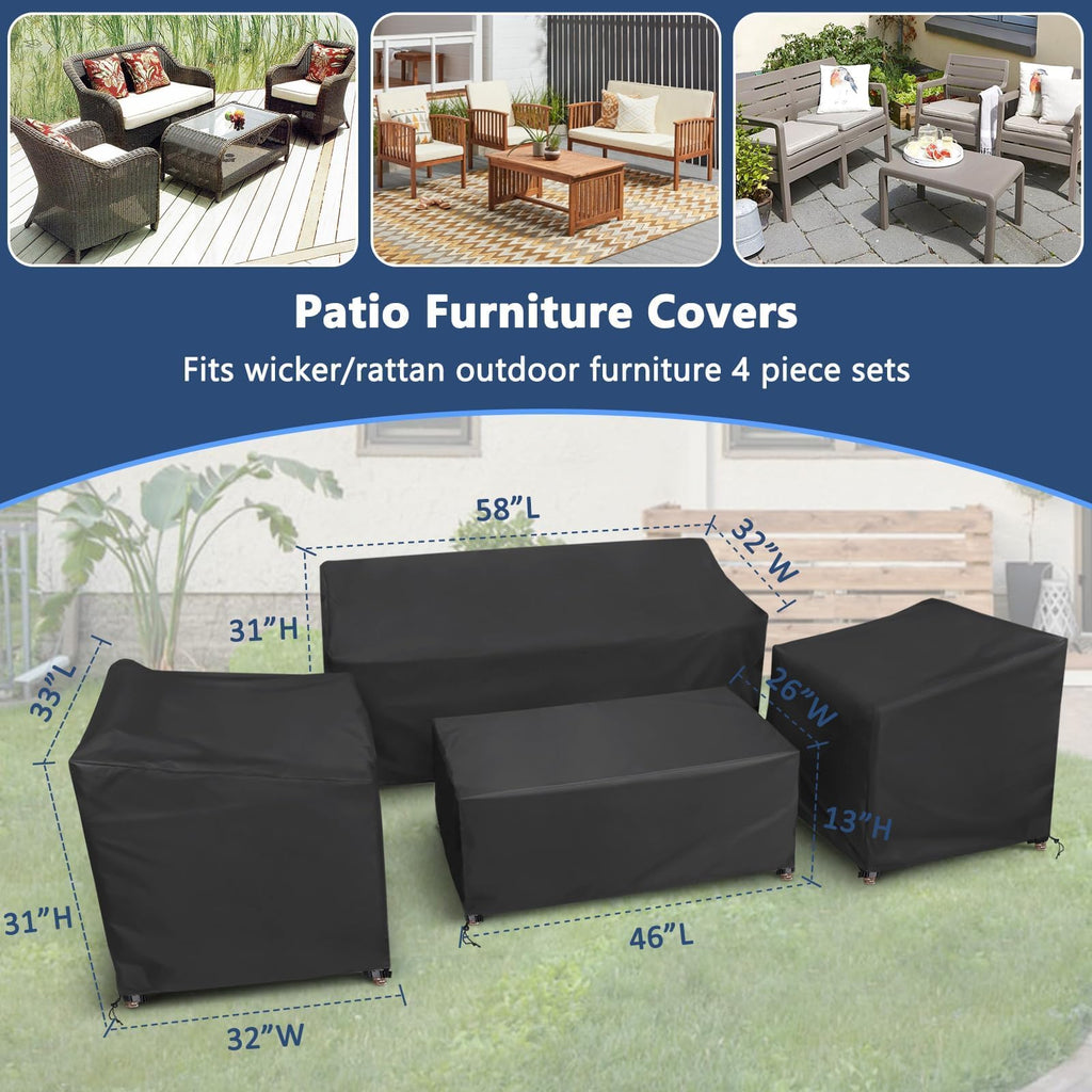 Startwo Patio Furniture Covers 4 Piece Set, Heavy Duty Waterproof Outdoor Furniture Cover, Windproof Patio Cover For Rattan Wicker Conversation Set, Patio Furniture Set Cover, Black,Large