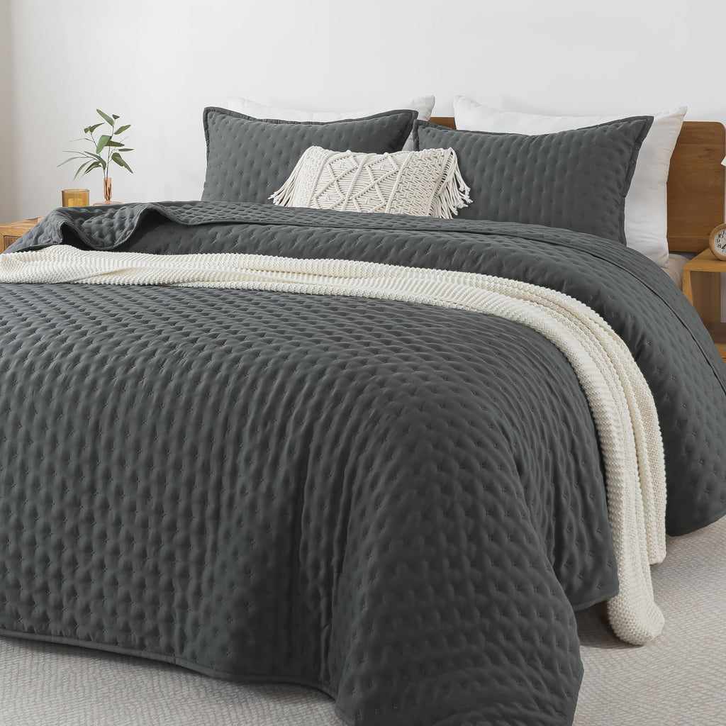 Andency Dark Grey King Size Quilt Bedding Set (106x96 Inch), 3 Pieces Soft Lightweight Bedspread Coverlet, Drak Gray Boho Summer