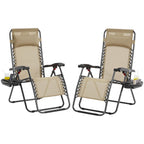 Yaheetech Zero Gravity Recliners Outdoor Adjustable Folding Reclining Lounge Chairs W/Pillows, Cup Holder Trays And Carry Strap For Patio Backyard Beach Beige Set Of 2