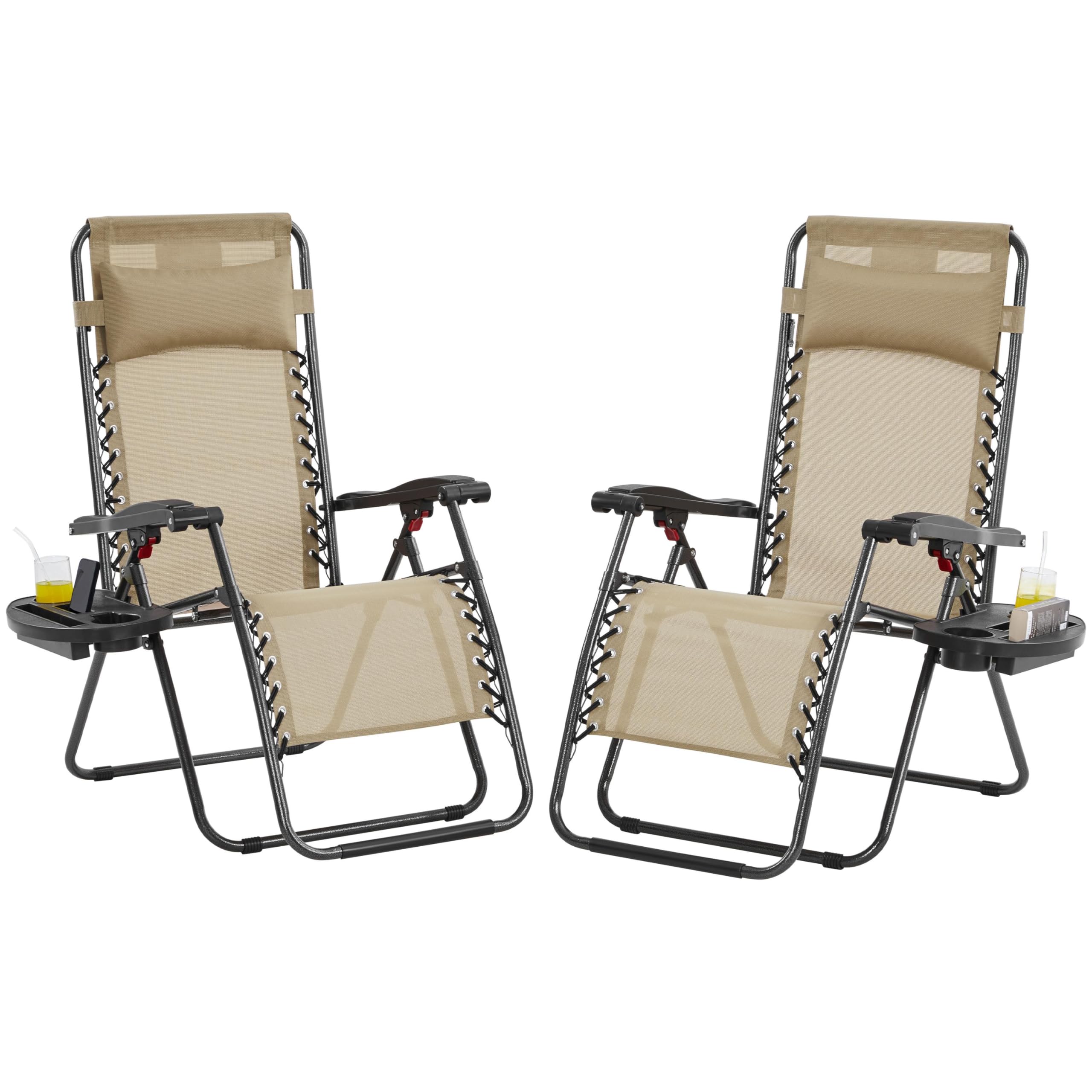 Yaheetech Zero Gravity Recliners Outdoor Adjustable Folding Reclining Lounge Chairs W/Pillows, Cup Holder Trays And Carry Strap For Patio Backyard Beach Beige Set Of 2