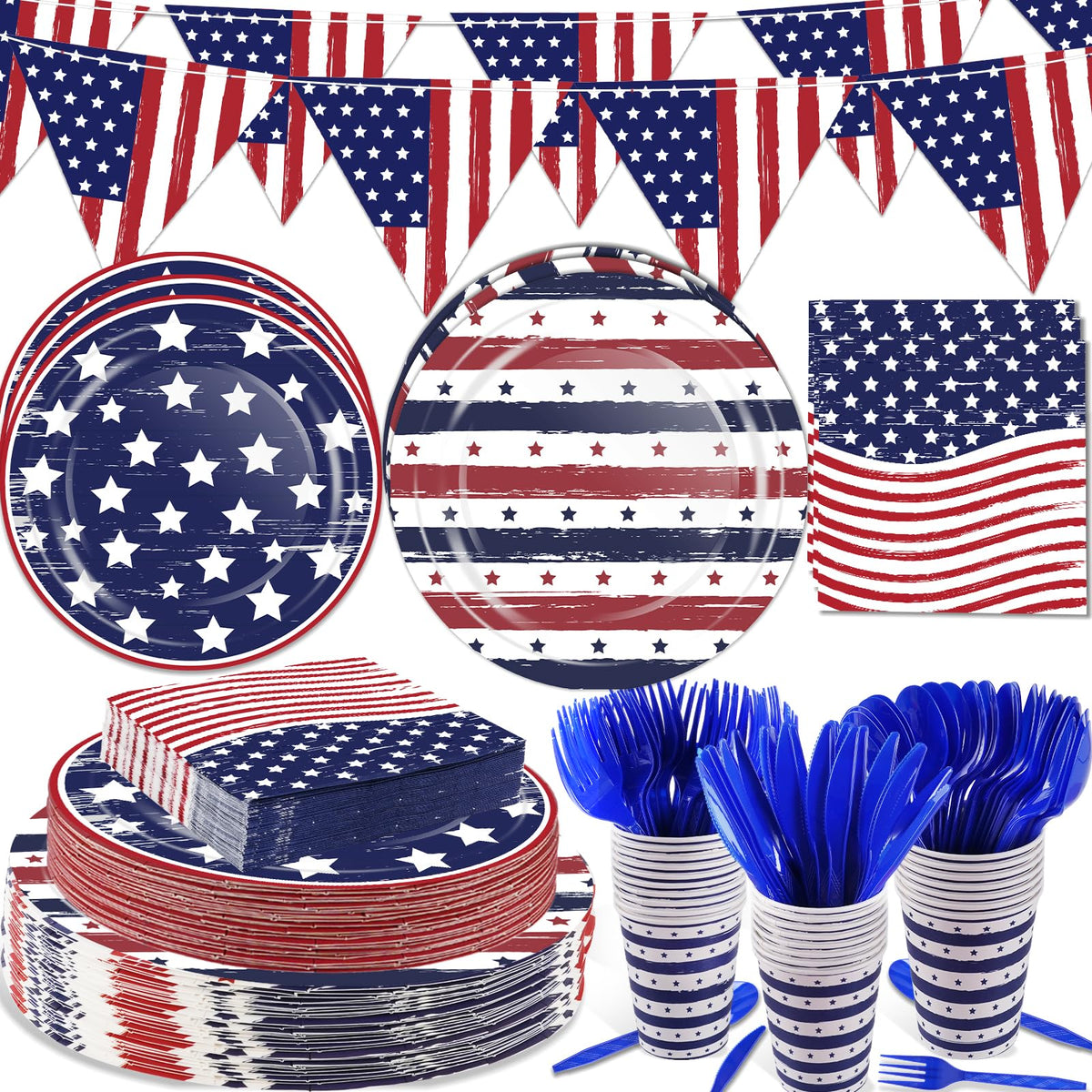 OuMuaMua Patriotic Party Supplies 184 Pcs American Flag Themed Tableware Set 4th of July Disposable Paper Plates Napkins Cups an