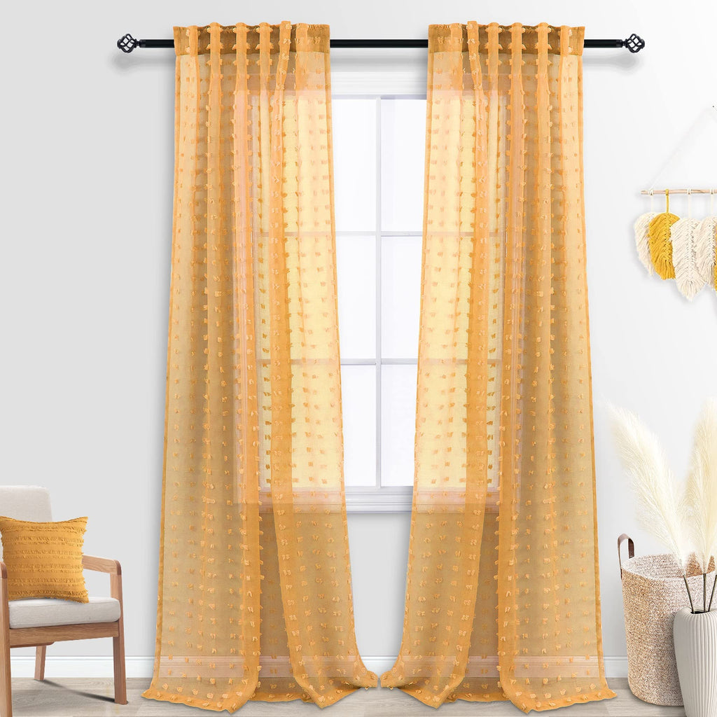 Spring Mustard Yellow Textured Curtains 90 Inch Length 2 Panels For Living Room Bedroom Dining Room Boho Back Tab Rod Pocket Pom Pom Tufted Gold Semi Sheer Curtain 90 Inches Long For Nursery Kids Room