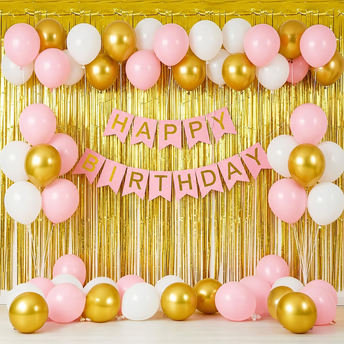 Birthday Decoration Kit for Girls & Women | Pink White Gold Balloon Decoration Set with Happy Birthday Banner, Metallic Fringe C
