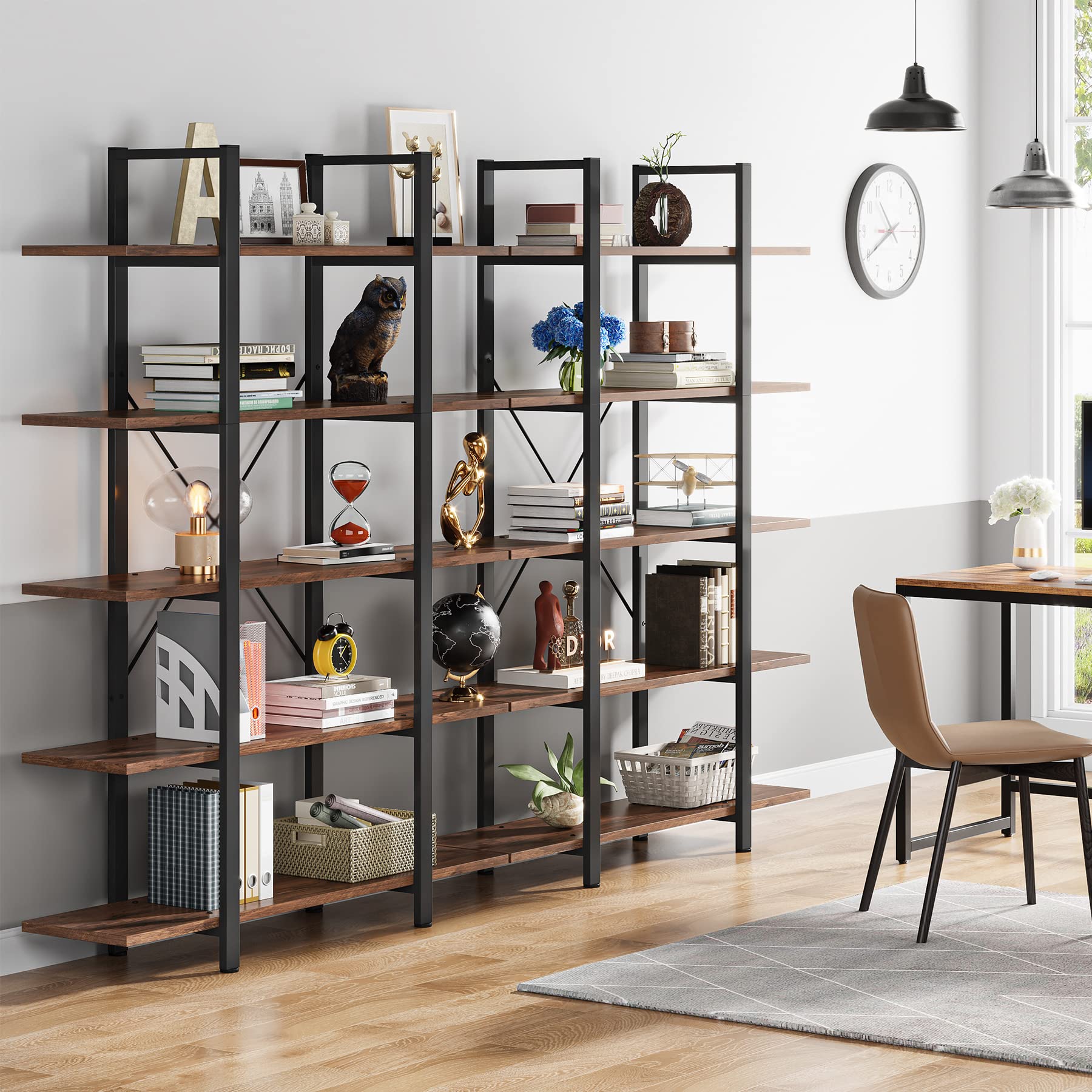 Tribesigns 5-Tier Bookshelf, Vintage Industrial Style Bookcase 72 H X 12 W X 47L Inches