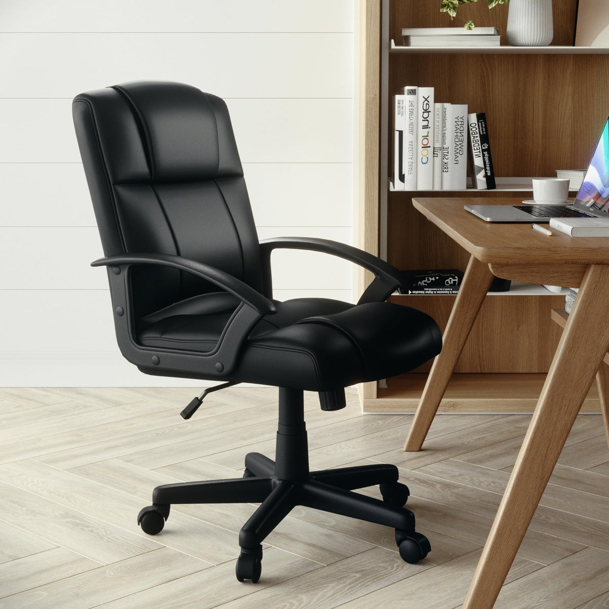 Flash Furniture Coffman Flash Fundamentals Mid-Back Leathersoft Office And Gaming Chair, Ergonomic Office Chair With Padded Leathersoft Seat And Arms, Black