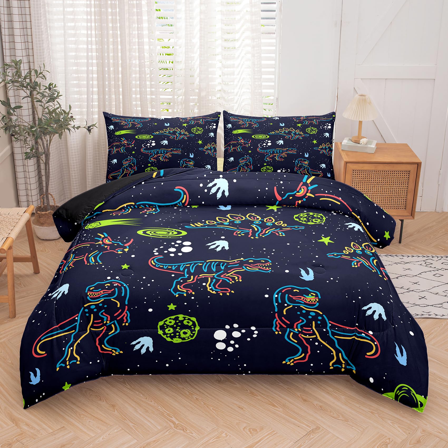 Ninenine Dark Blue Dinosaur Bedding Sets For Kids Boys,Retro Dinosaur Bedding Comforter,Full Size Bedding Sets For Boys Kids, Wi