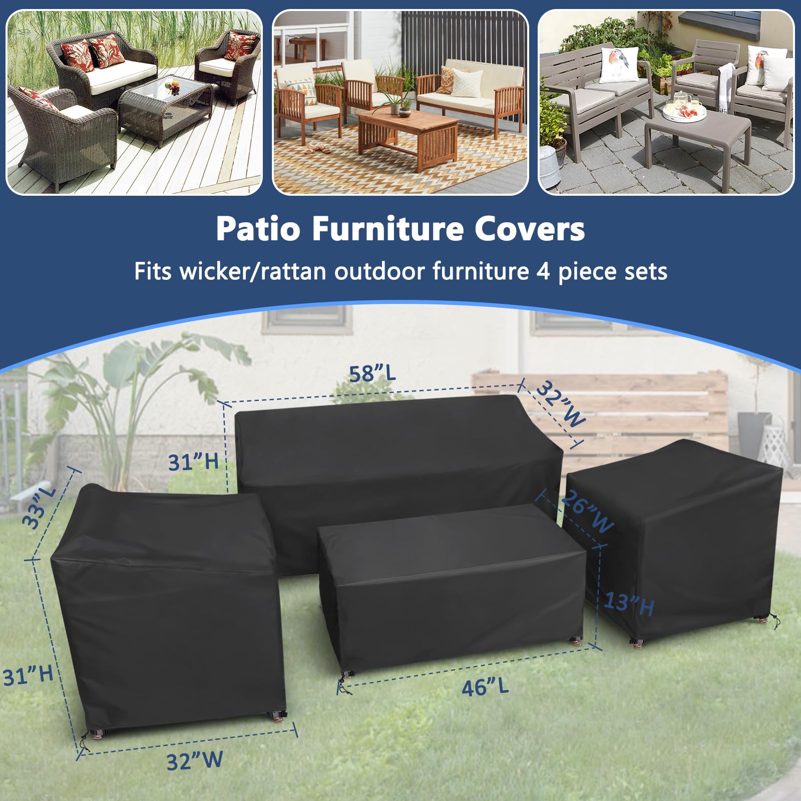 Startwo Patio Furniture Covers, 4 Piece Heavy Duty Waterproof Outdoor Furniture Cover Set For Rattan Wicker Couch Chairs,Windproof Buckle Strap,Black