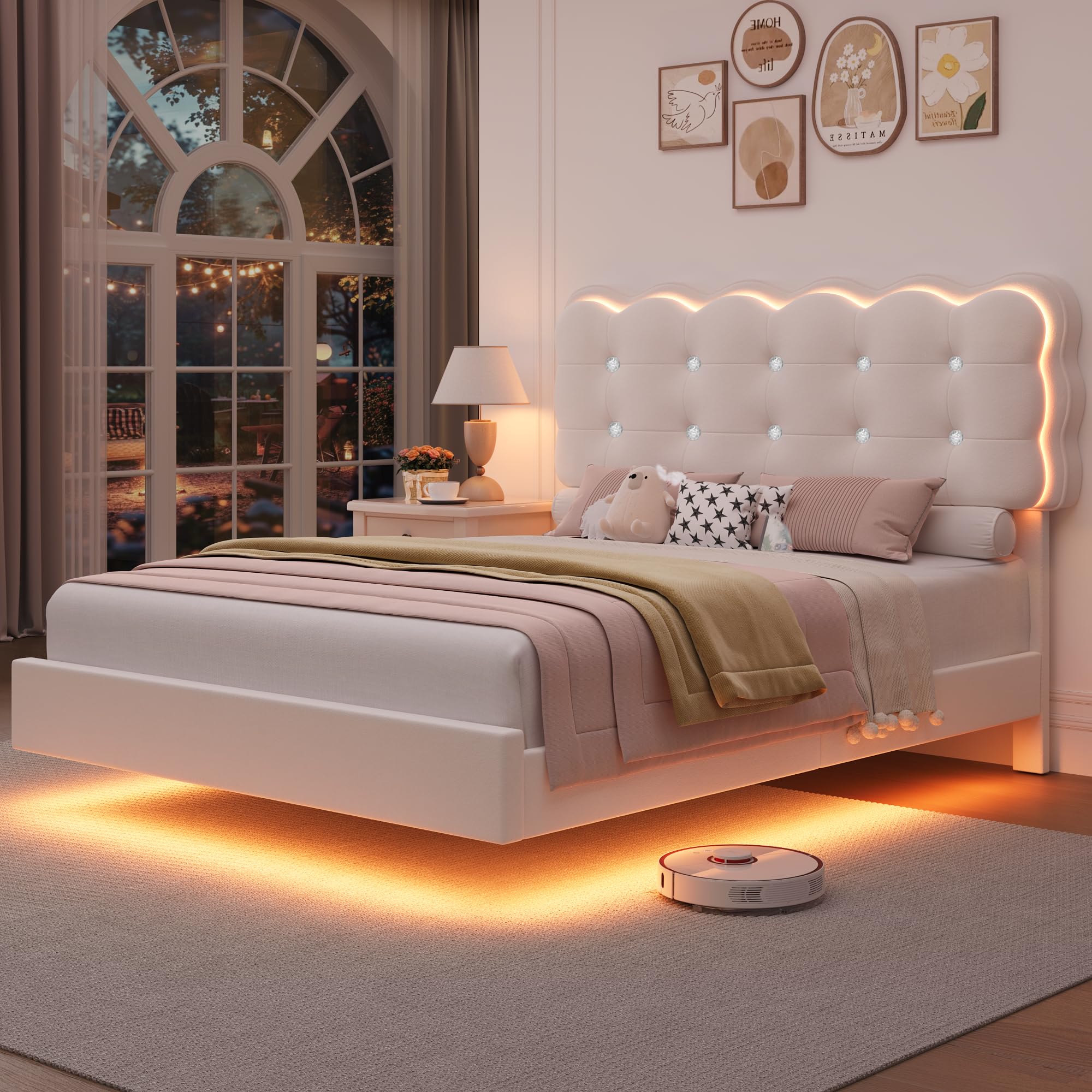 HIFIT Upholstered Full Size LED Bed Frame with Charging Station and Adjustable Crystal Button-Tufted Puffs Headboard, Velvet Pri