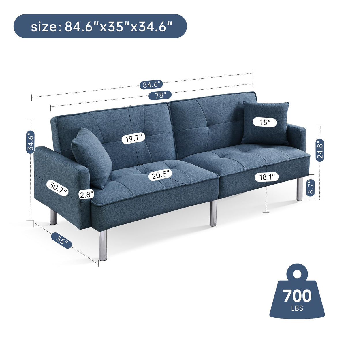 American Furniture Classics Blue Tufted Futon Convertible Sofa Sleeper with Two Throw Pillows Velvet, 85" x 35" x 35"