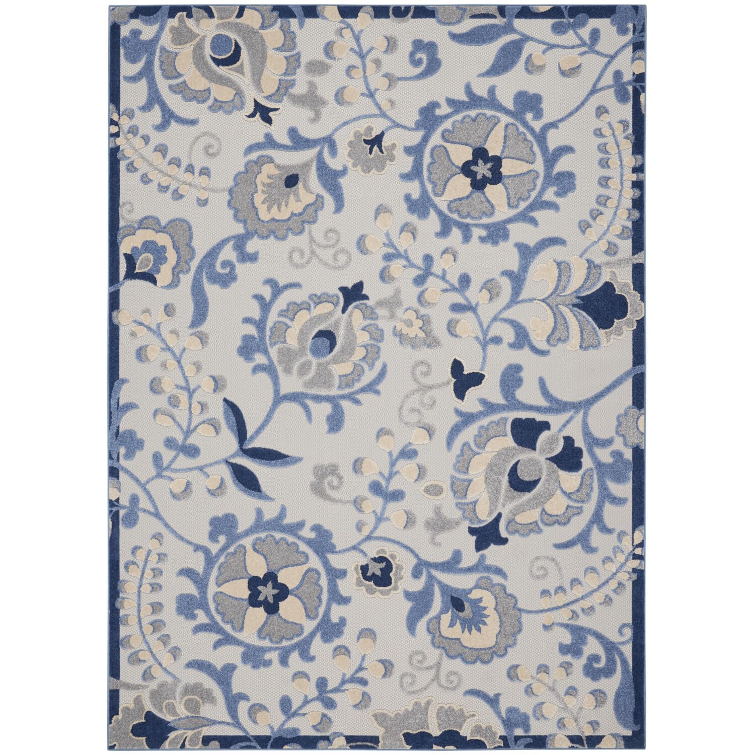 Nourison Aloha Indoor/Outdoor Blue/Grey 9'6' X 13' Area Rug, Easy Cleaning, Non Shedding, Bed Room, Living Room, Dining Room, B