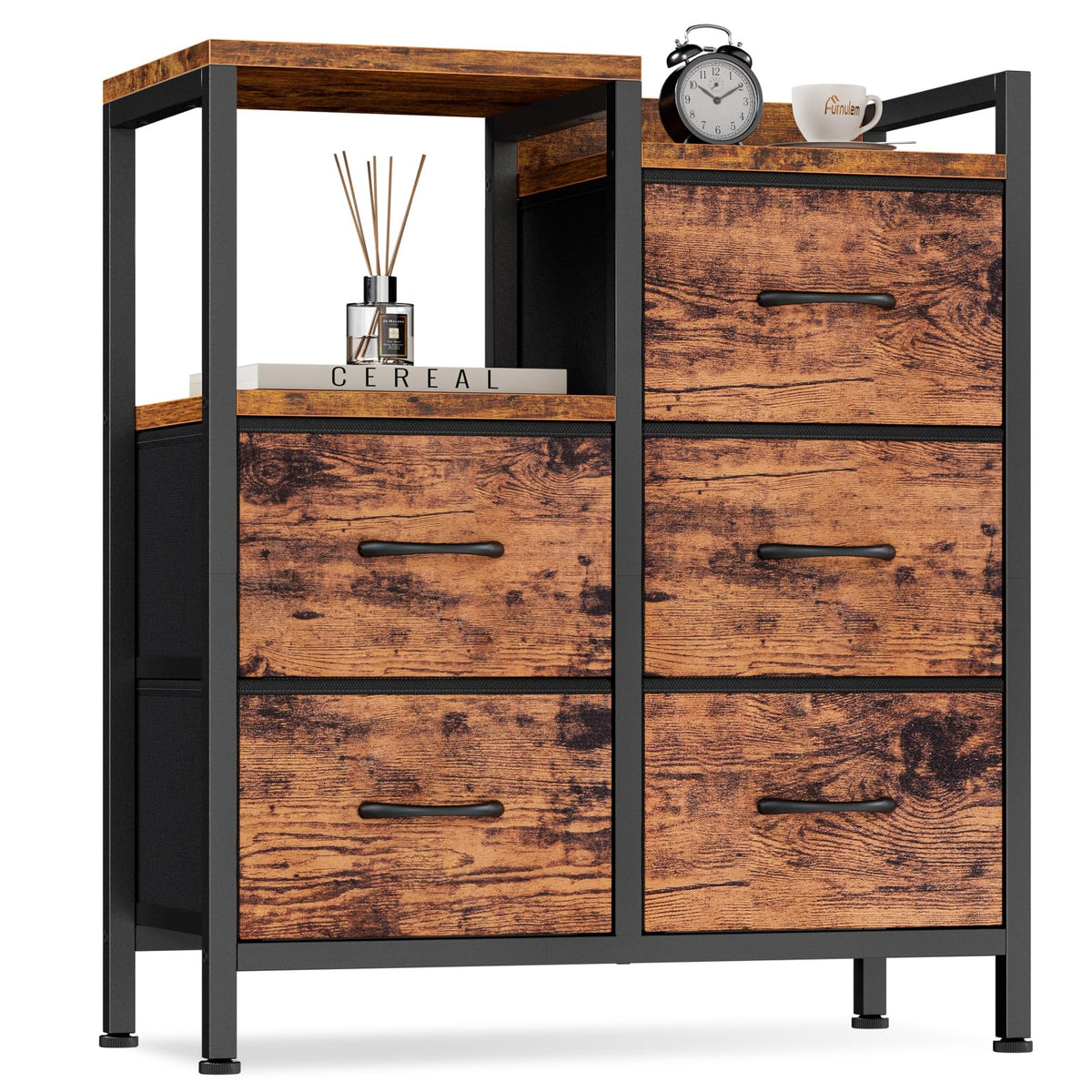 Furnulem 5 Drawer Rustic Brown Dressers For Bedroom 2 Tier Shelf Storage Small Fabric Dresser For Closet Sturdy Metal Frame Modern Style Storage Cabinets Organization Units For Hallway Rooms