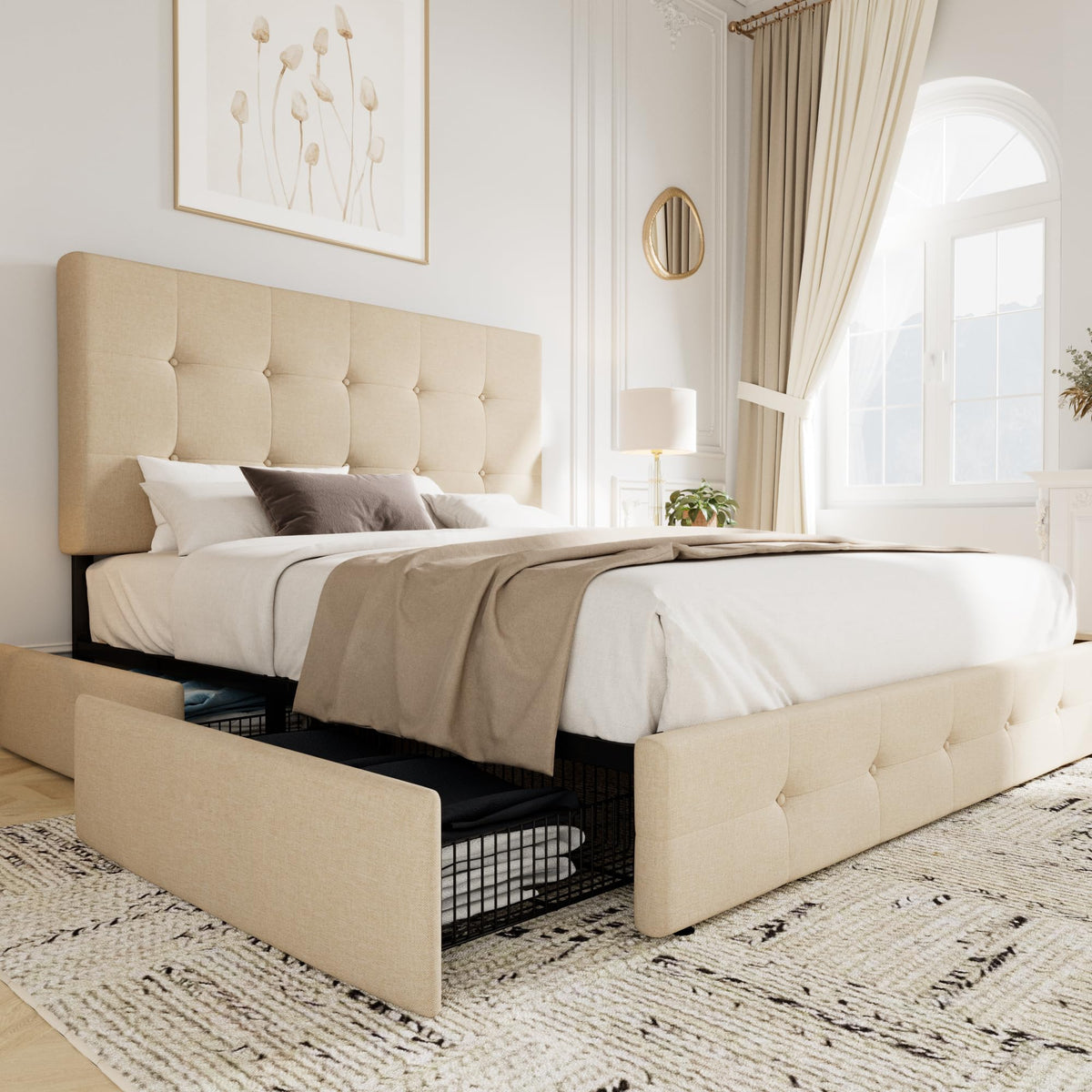 Allewie Upholstered Queen Size Platform Bed Frame With 4 Storage Drawers And Headboard, Square Stitched Button Tufted, Mattress Foundation With Wooden Slats Support, No Box Spring Needed, Beige