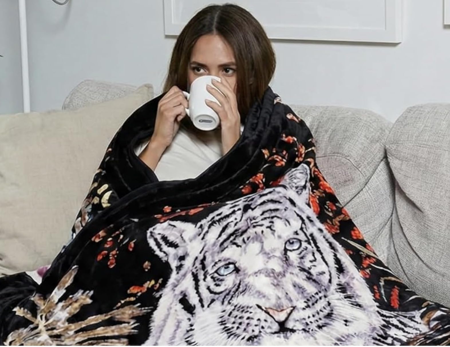 Hiyoko White Tiger Mink Blanket Queen 75" x 90" Polyester Warm Winter