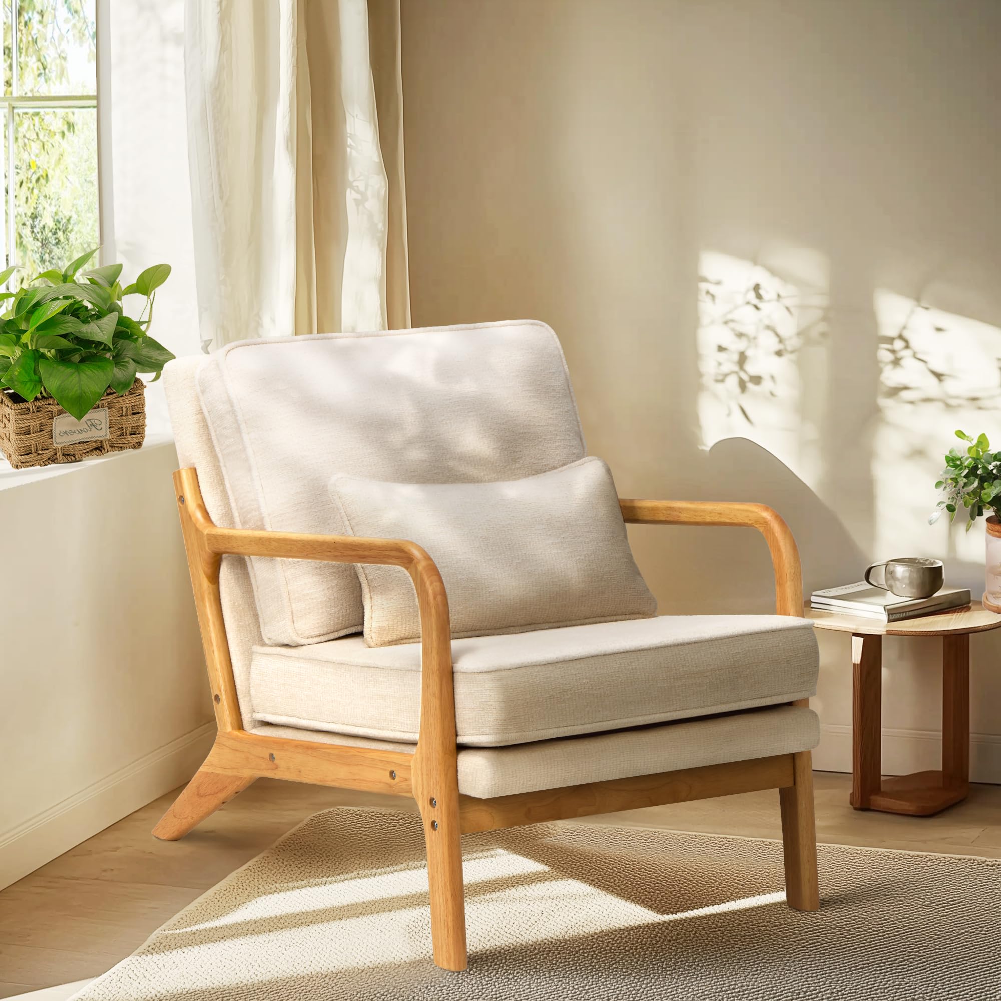 COLAMY Mid Century Modern Accent Chair Set of 2 with Lumbar Pillow, Relaxing Armchair with Solid Wood Frame & Soft Cushion, Read