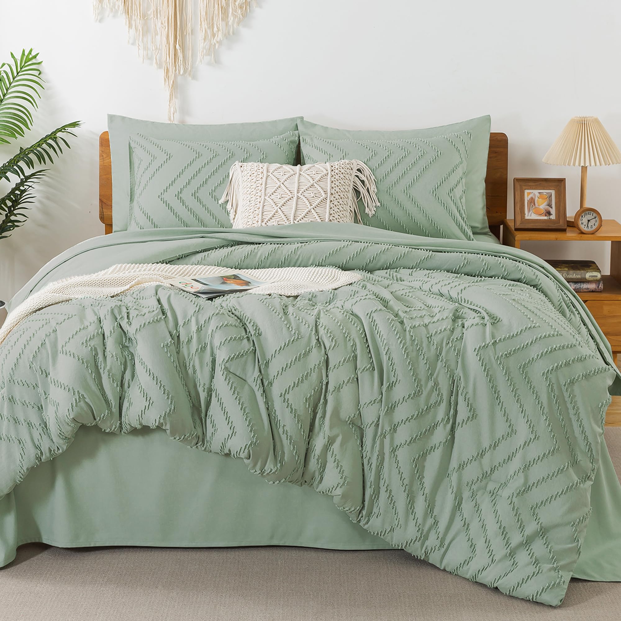 Litanika Sage Green Queen Size Comforter Set With Sheets - 7 Pieces Bed In A Bag Queen Boho Tufted Complete Beddding Sets With C