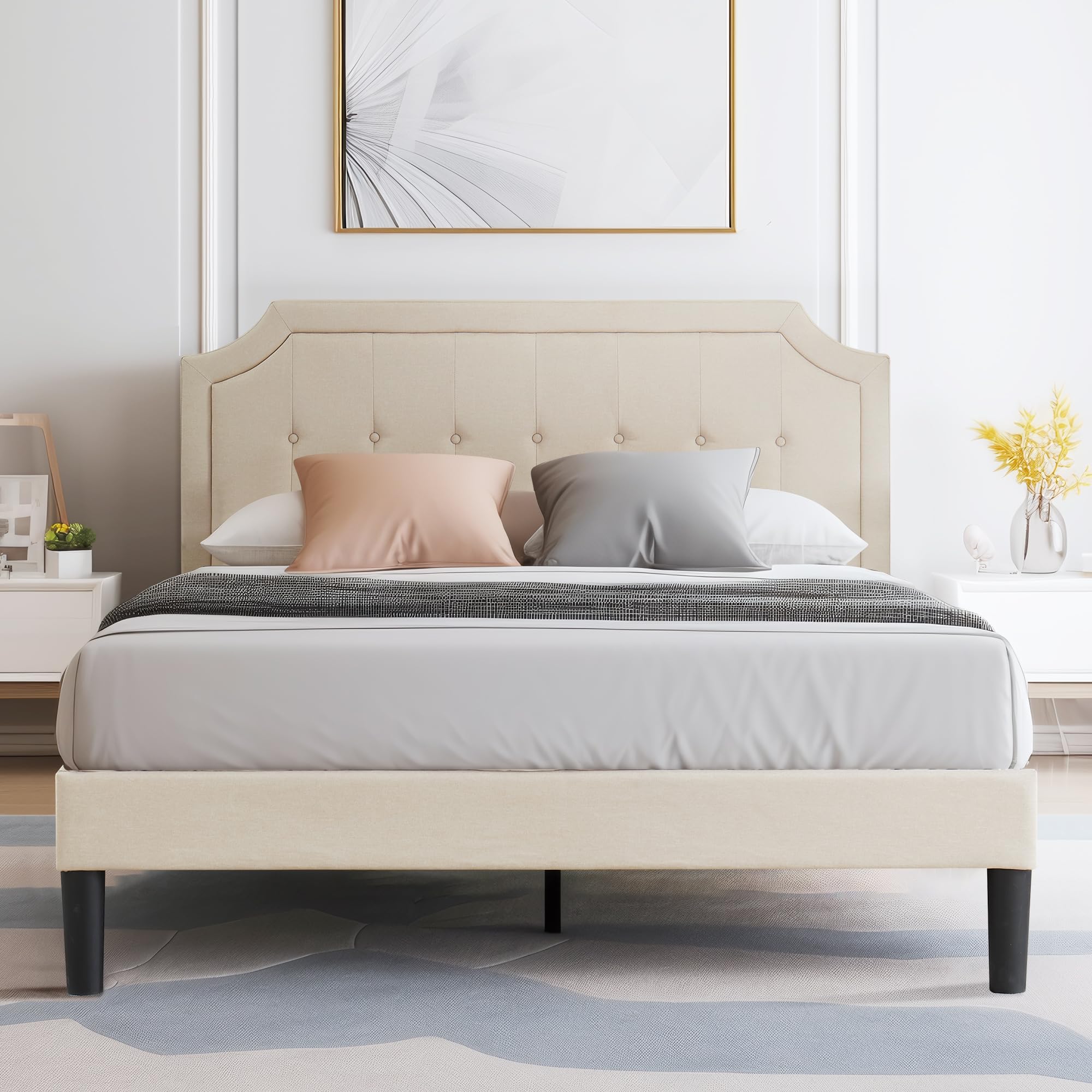 VECELO Upholstered Platform Bed Frame with Adjustable Headboard, Wooden Slats Support, No Box Spring Needed, Modern Style, Queen