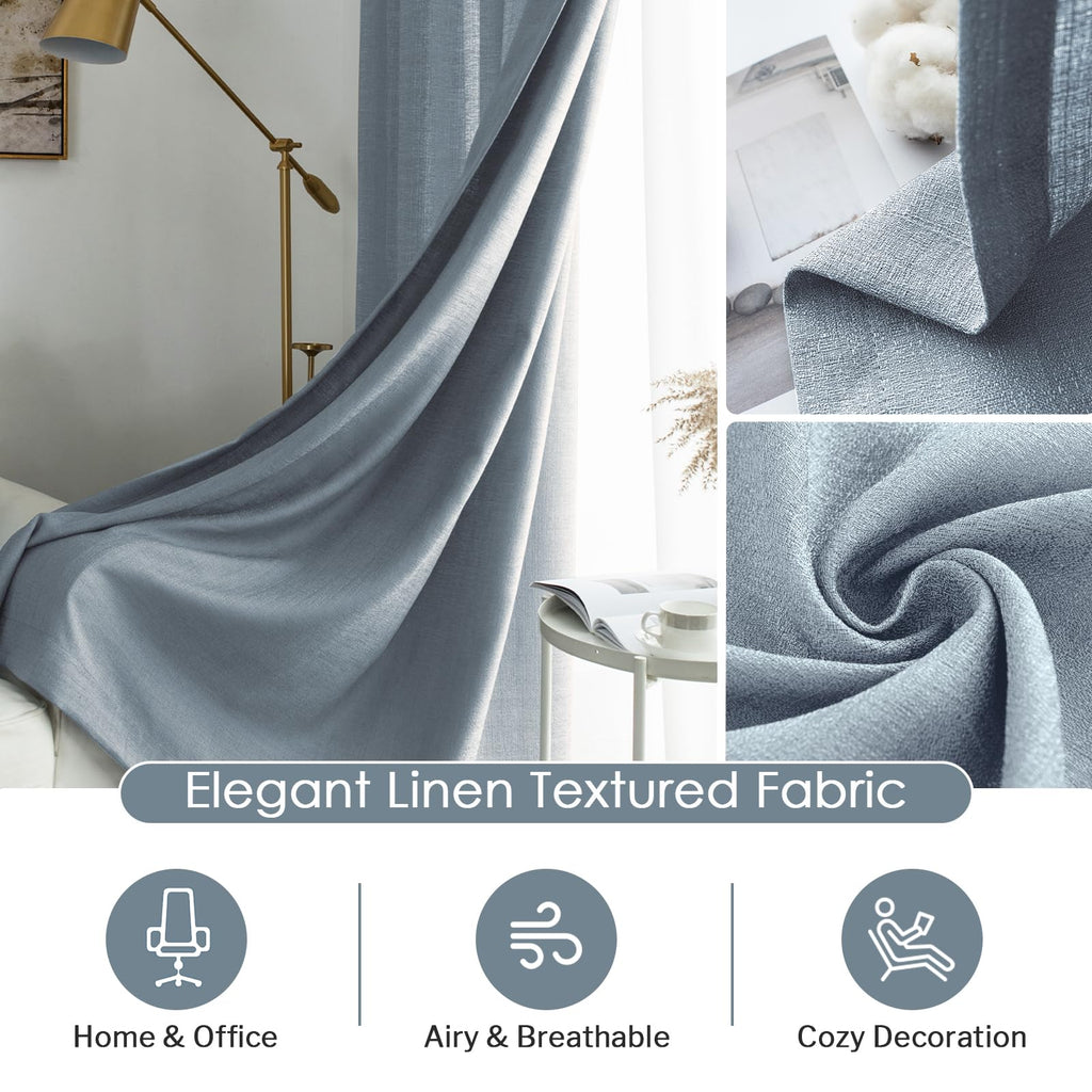 Melodieux Dusty Blue Semi Sheer Curtains 72 Inches Long For Bedroom, Living Room Linen Look Privacy Window Rod Pocket Sheer Drap