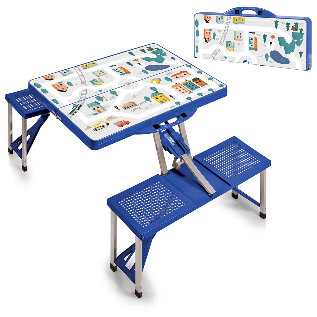 Oniva Play Town Folding Picnic Table, Camping Table, Outdoor Table With Umbrella Hole, (Blue)