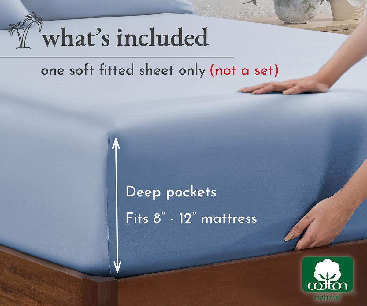 California Design Den Twin Fitted Sheet Only, Soft 100% Cotton Sateen, Deep Pocket, Durable All-Around Elastic, Head/Foot Side Indicators, Fitted Sheet Twin Size Cotton (Blue Hydrangea)
