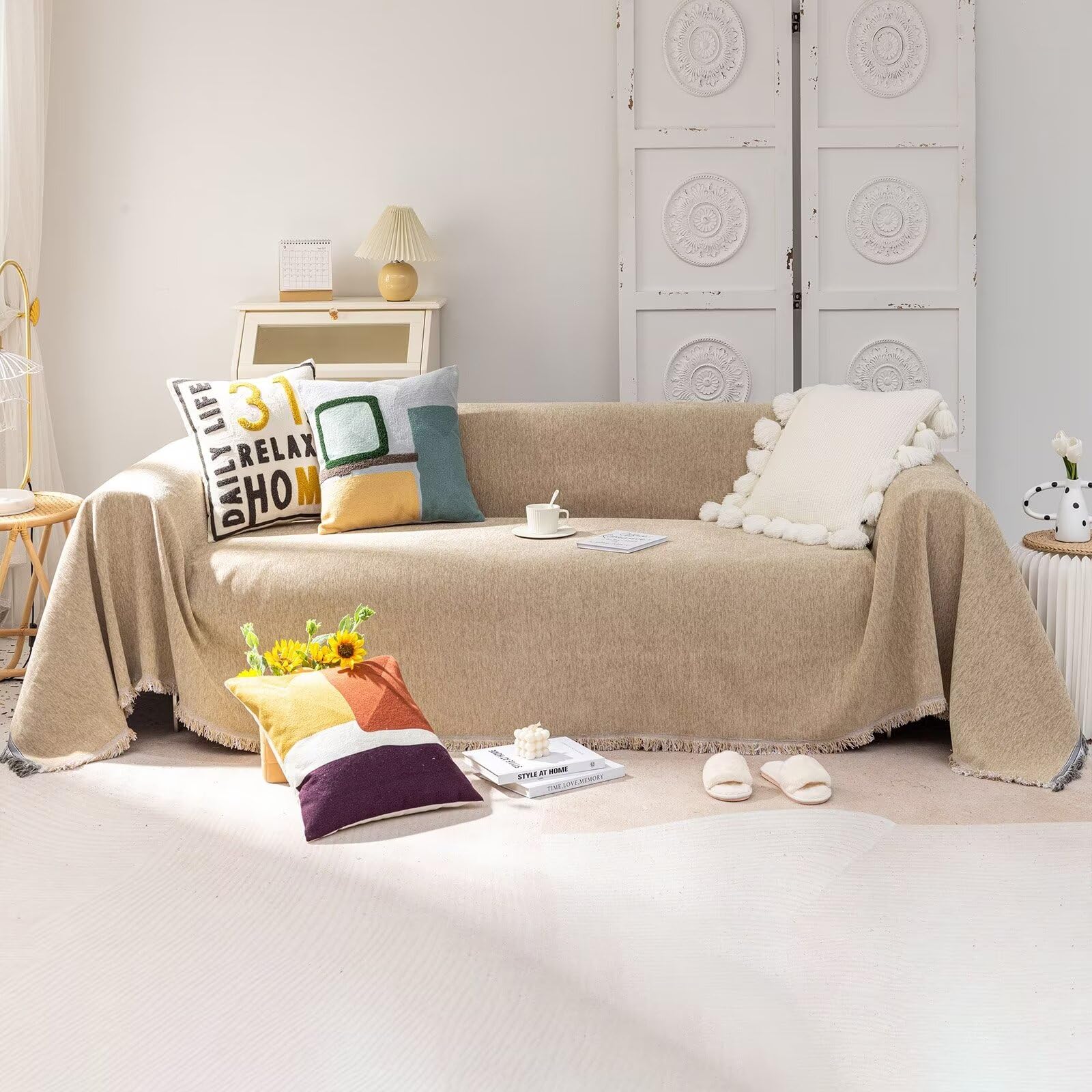 Vclife Boho Chenille Couch Cover Simple Style Solid Tan Beige Khaki Sofa Slipcovers Couch Cover For 2 Cushion Couch Sofa, Pet Fr
