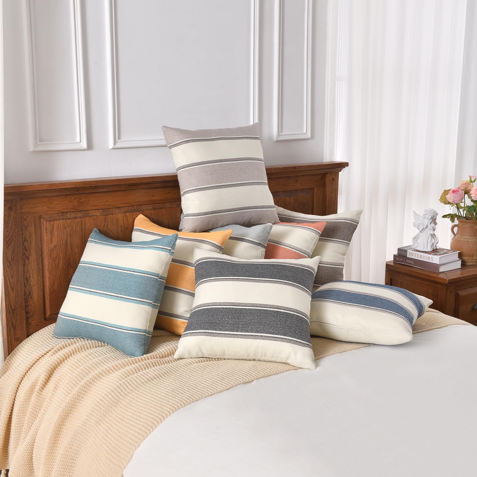 Amhoo Pack Of 2 Farmhouse Linen Throw Pillow Cover Cushion Stripe Decoration Buffalo Retro Pillowcase With Hidden Zipper For Sof