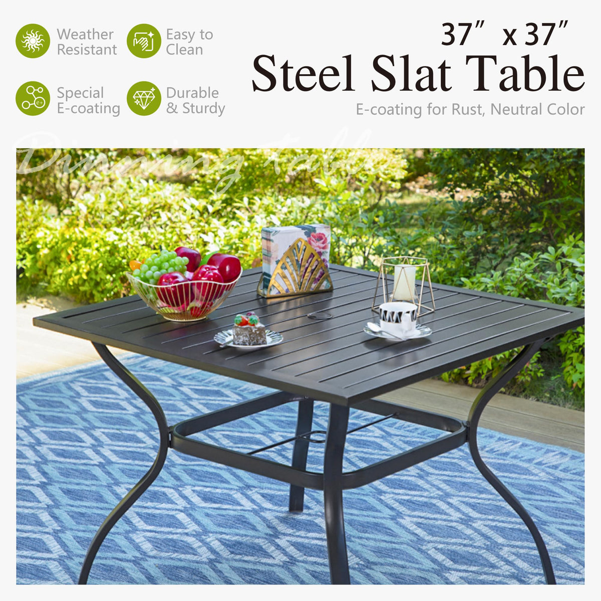 Phi Villa 37' Patio Table For 4, Metal Outdoor Dining Table With E-Coating, Square Steel Slated Outdoor Table With 1.57' Umbrella Hole For Garden Backyard, Black