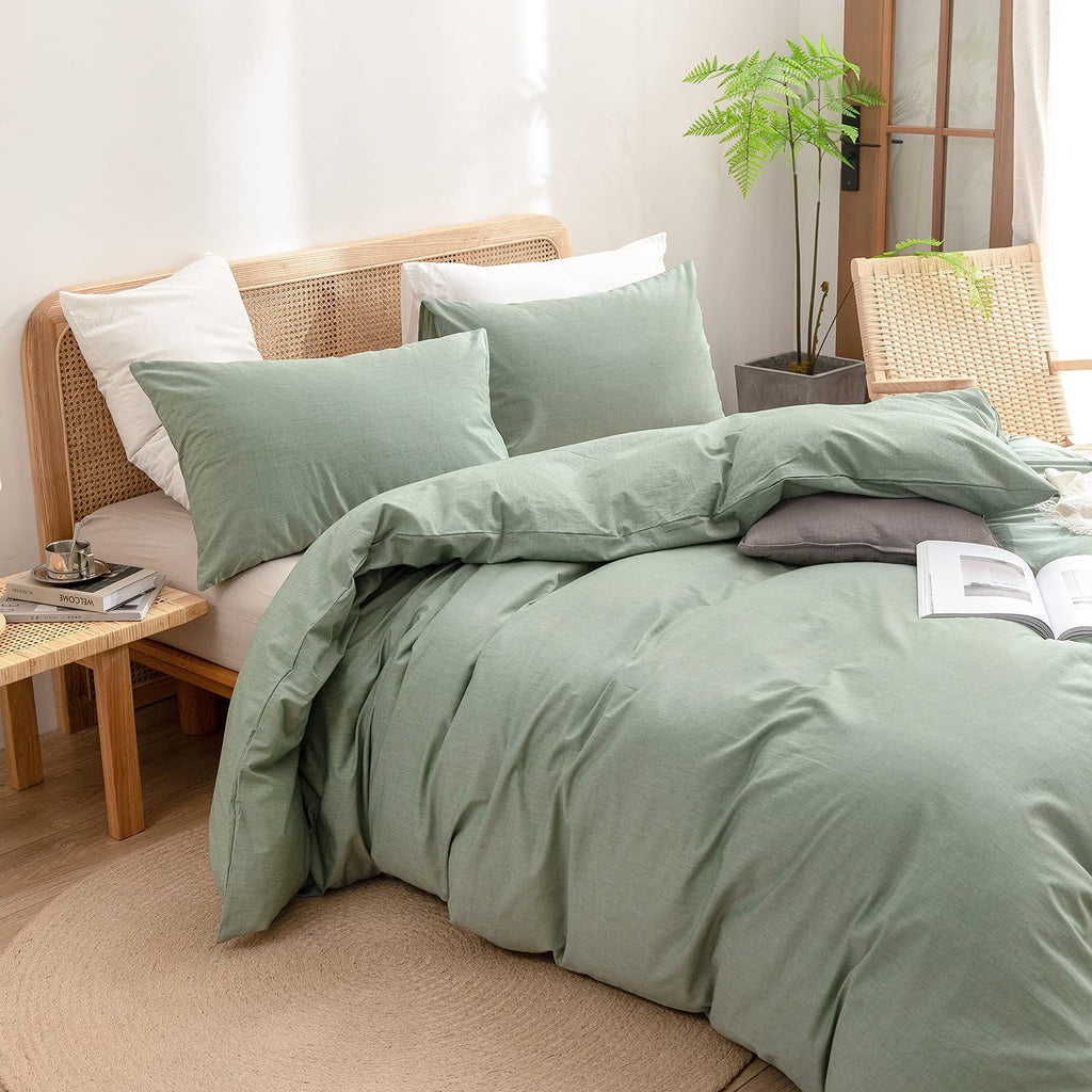 Bestouch Duvet Cover Set 100% Washed Cotton Linen Feel Super Soft Comfortable Chic Lightweight 2 Pcs Home Bedding Set Solid Gree