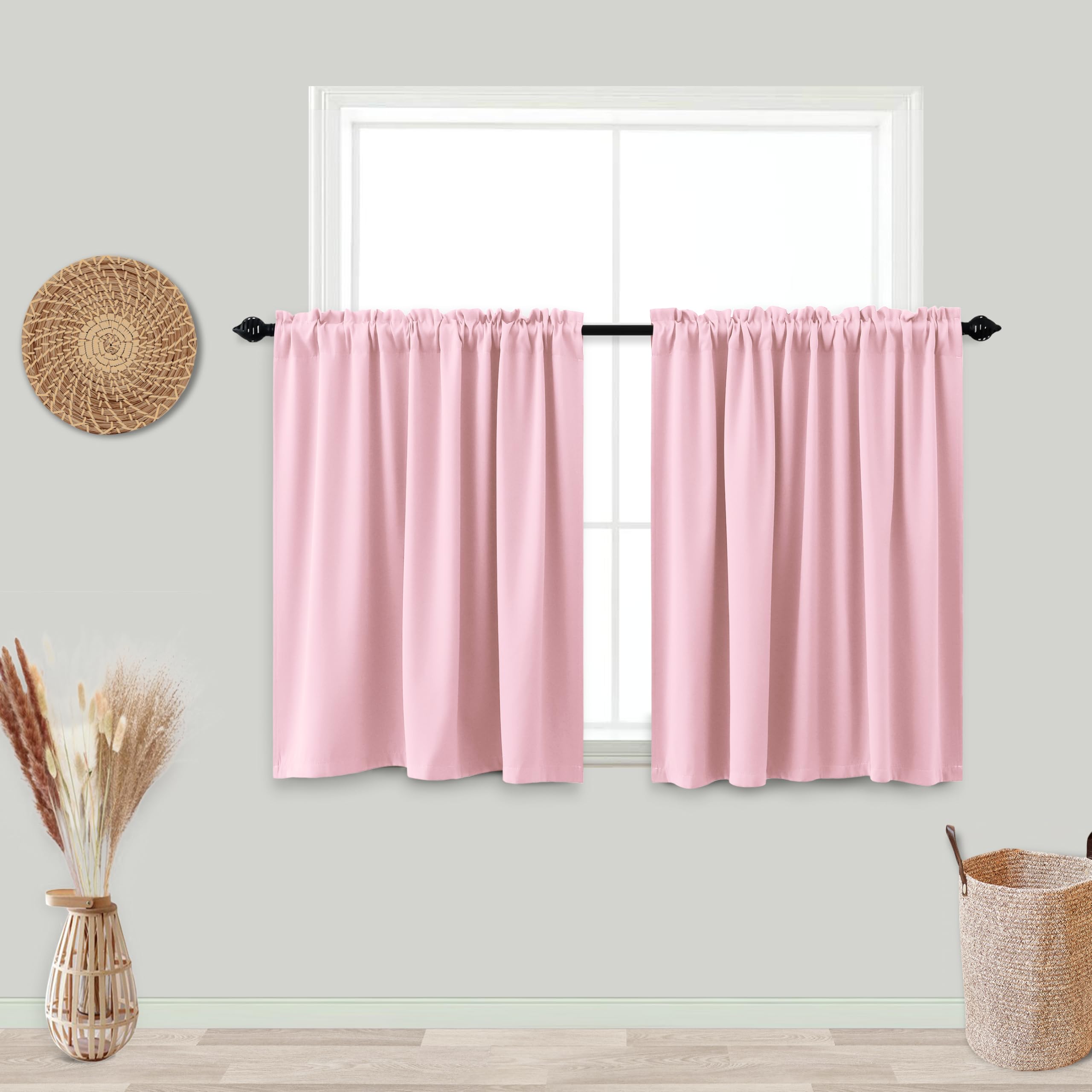 Koufall Rod Pocket Blackout Tier Short Curtains-Pink-24X30