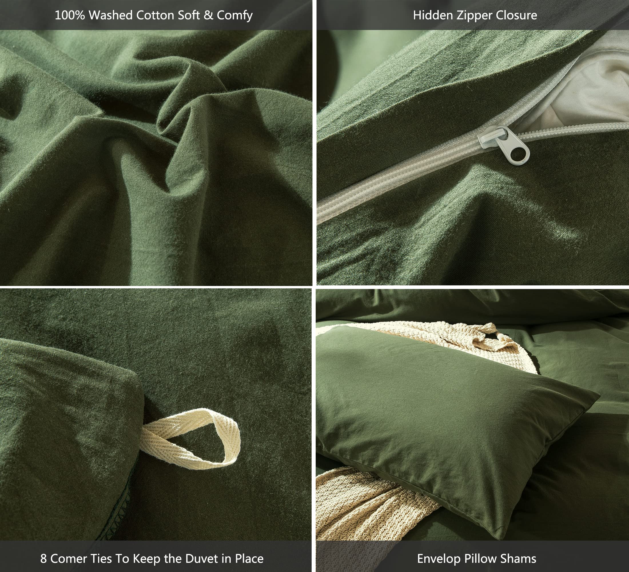 Moomee Bedding Duvet Cover Set 100% Washed Cotton Linen Like Textured Breathable Durable Soft Comfy (Olive Green, Oversized King