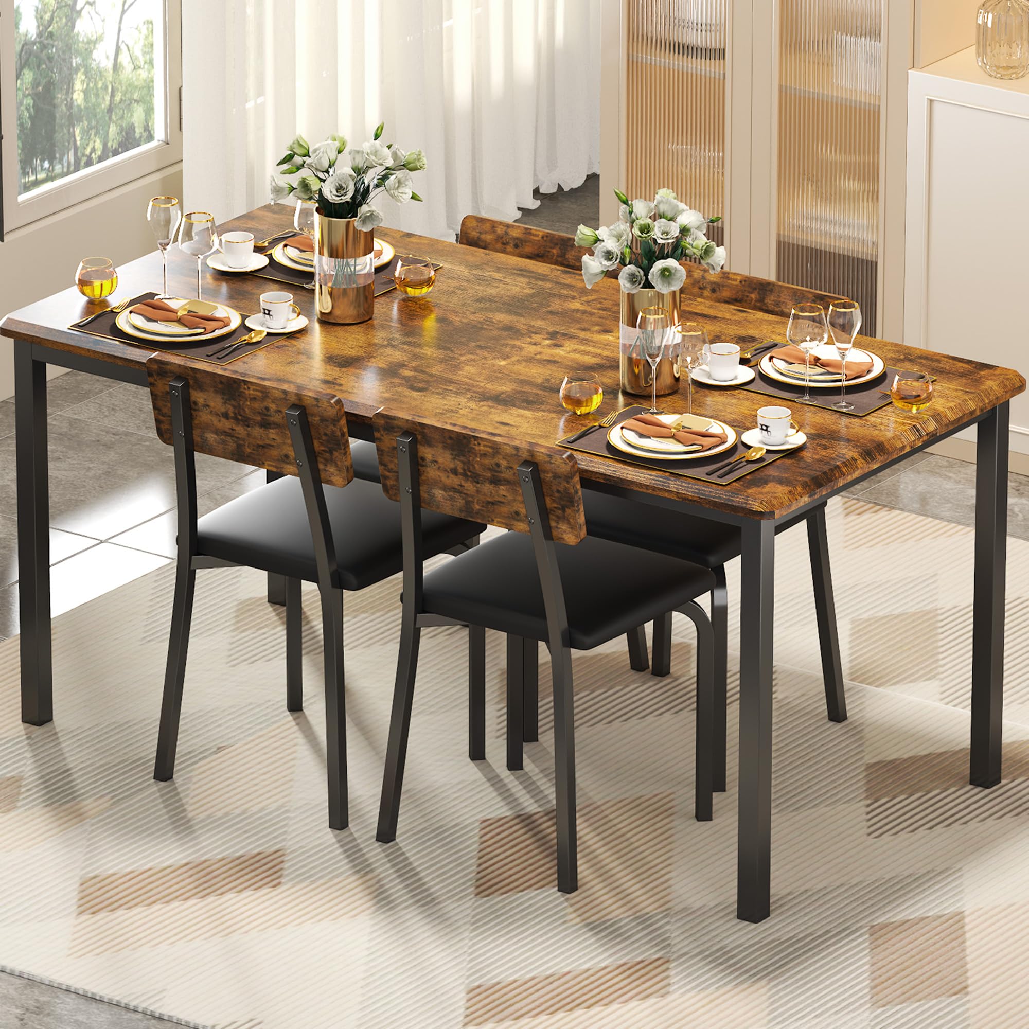 IRONCK 5-Piece 63 Extendable Dining Table with 4 Upholstered Chairs, Kitchen Table Set for 4-8 People, Dining Room Sets with MDF