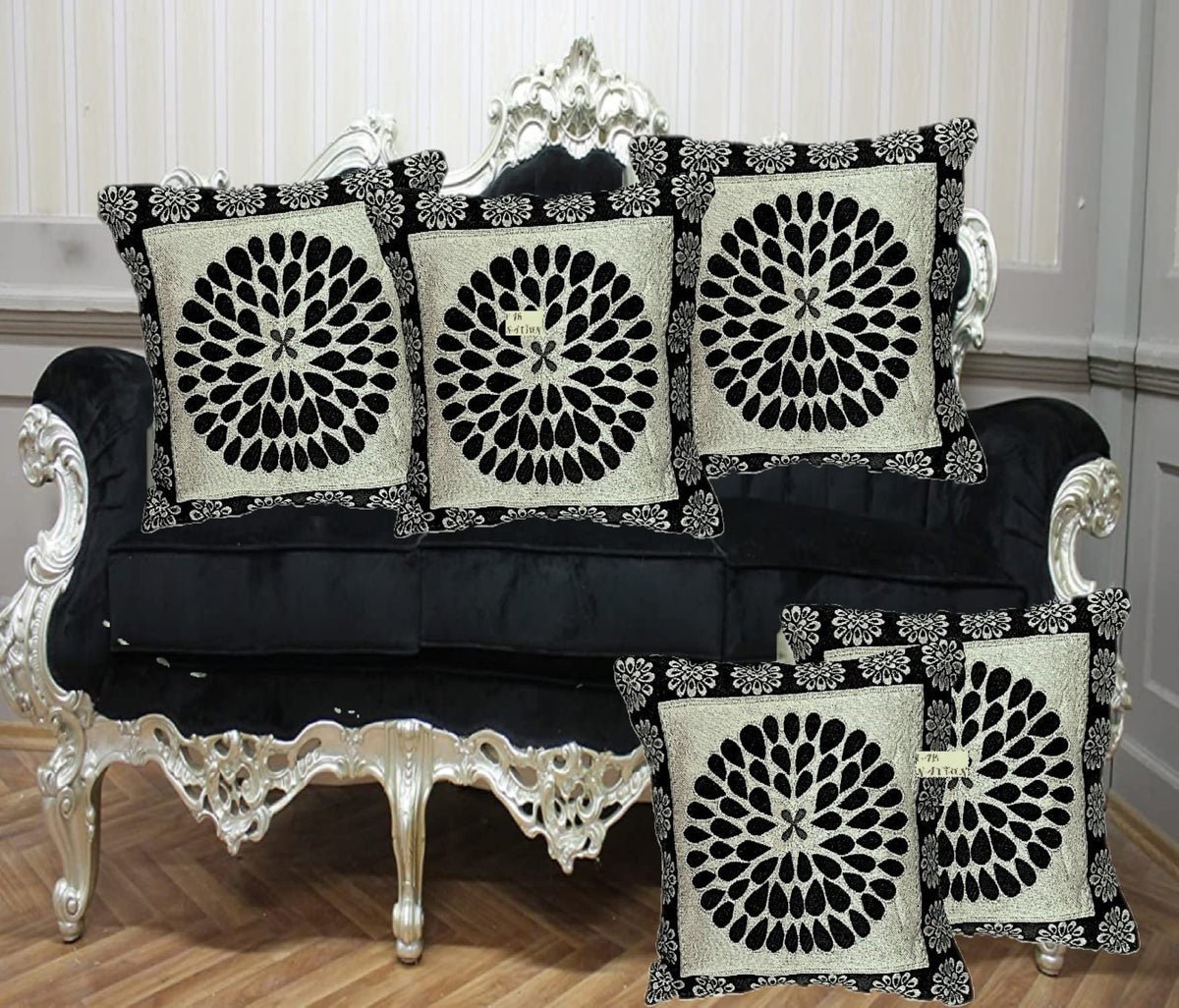Fab Nation Set Of 5 Black 16X16 Inch Cushion Covers, Jute Cotton (Black, Grey, Silver), Modern Design