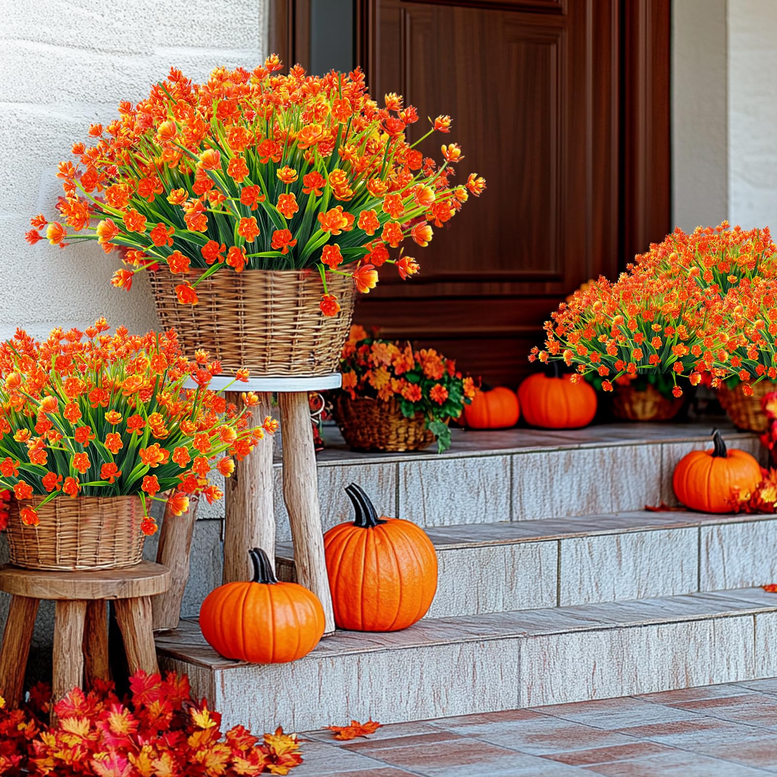 Turnmeon 12 Bundles Artificial Fall Flowers For Outdoors Uv Resistant Fake Fall Plants, Faux Plastic Fake Mums Fall Flowers Arti