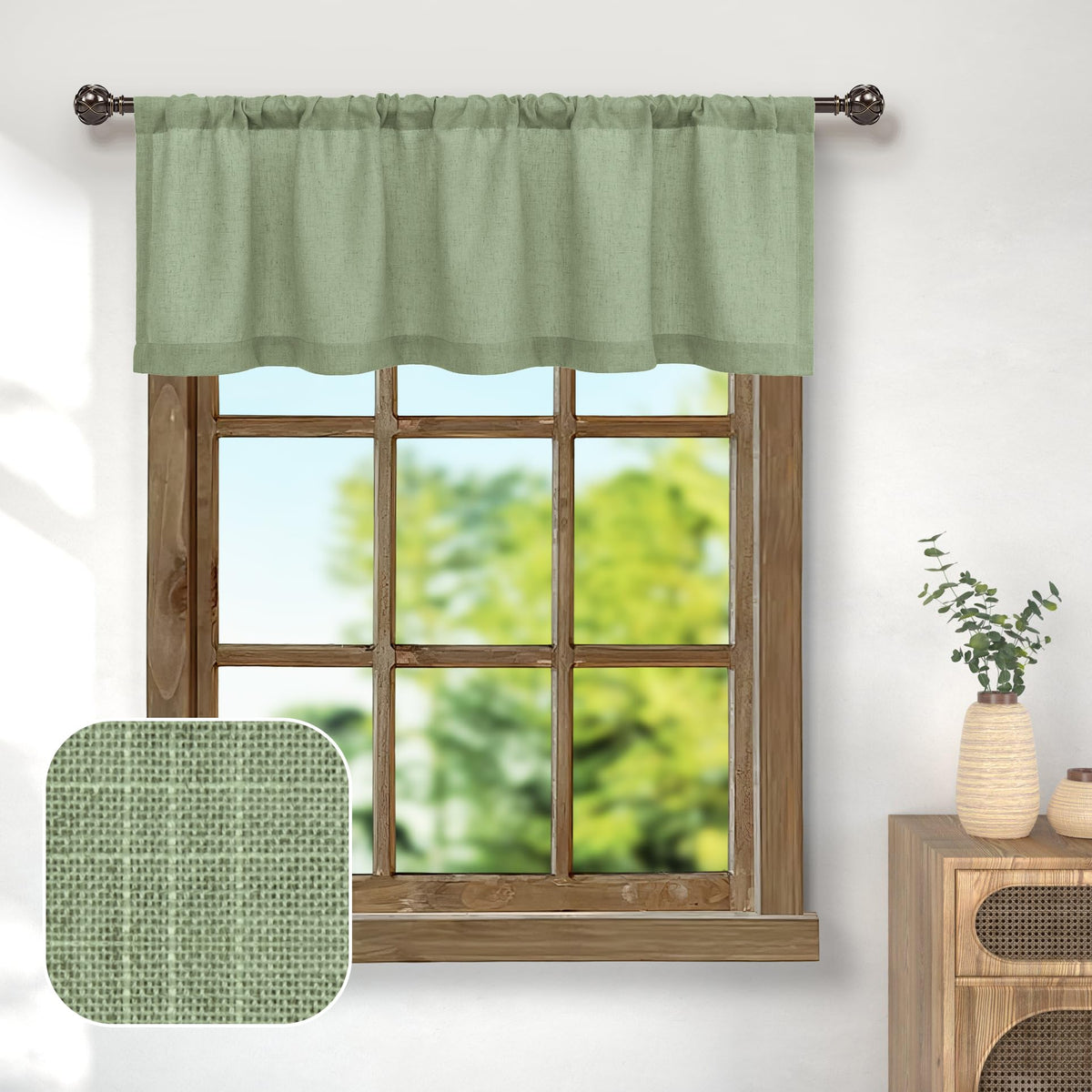 Pitalk Sage Green Linen Window Valance for Kitchen 3 Inch Rod Pocket Semi Sheer Boho Rustic Farmhouse Filtering Light Sage Valan