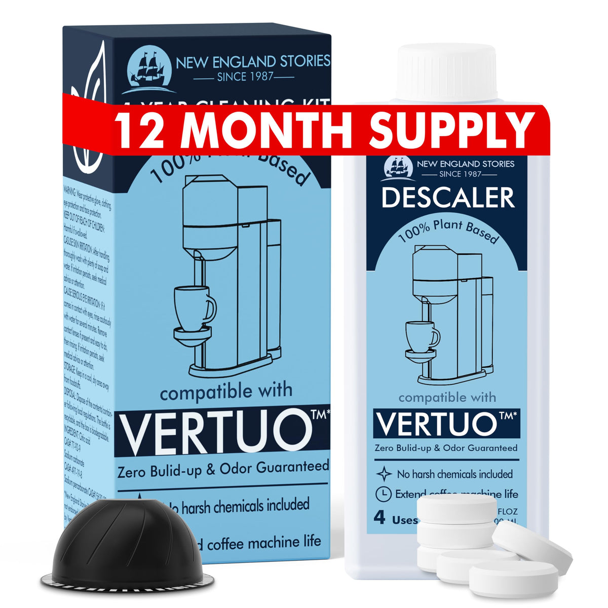 (12 Months Supply) Nespresso Compatible Vertuo Descaling Kit, Odorless Coffee Brewer Machine Descaler Set, Liquid Descaling Solu