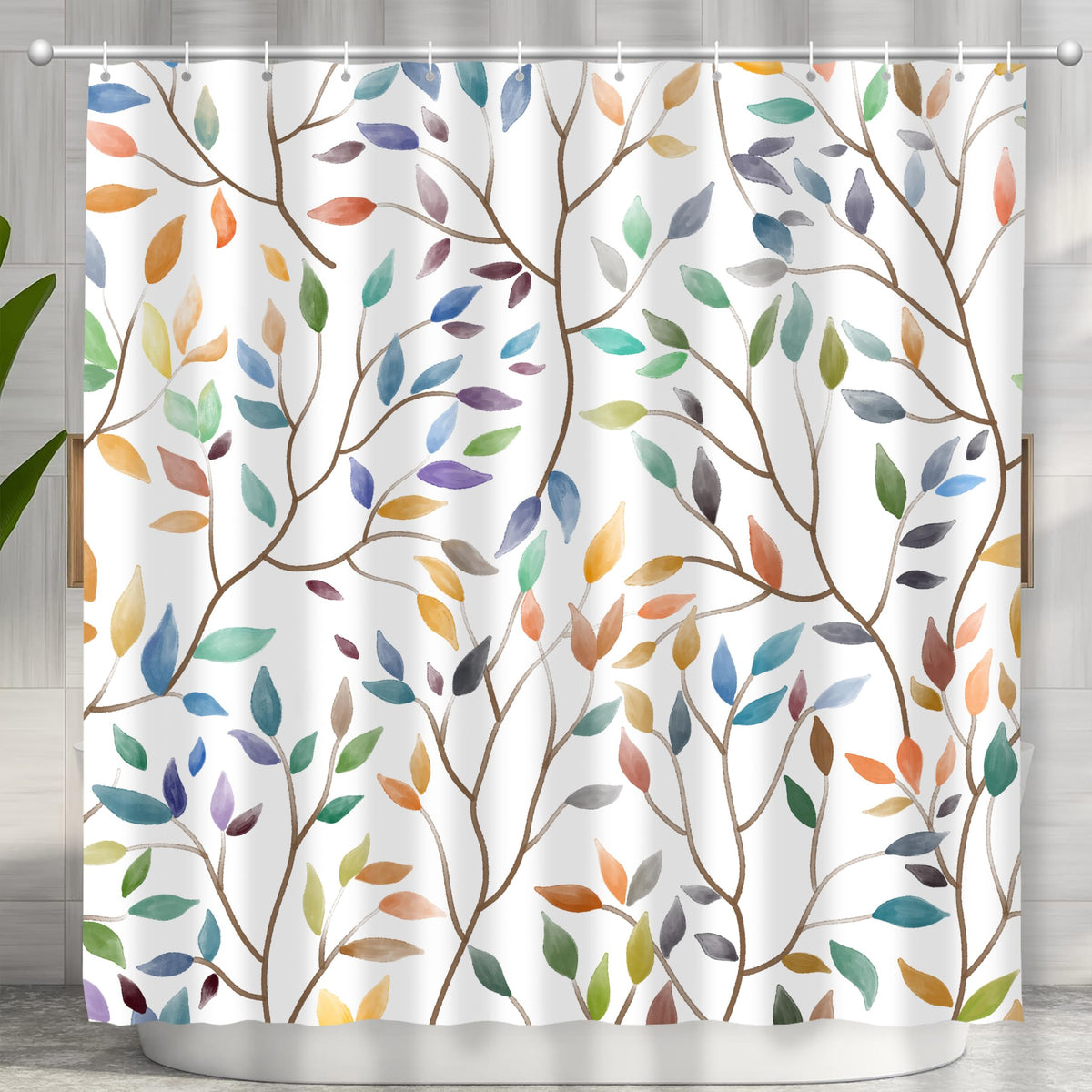 JWXCBIM Boho Leaf Floral Shower Curtain, Spring Summer Modern Colorful Botanical Leaves Bohemian Fabric Shower Curtain Set with 