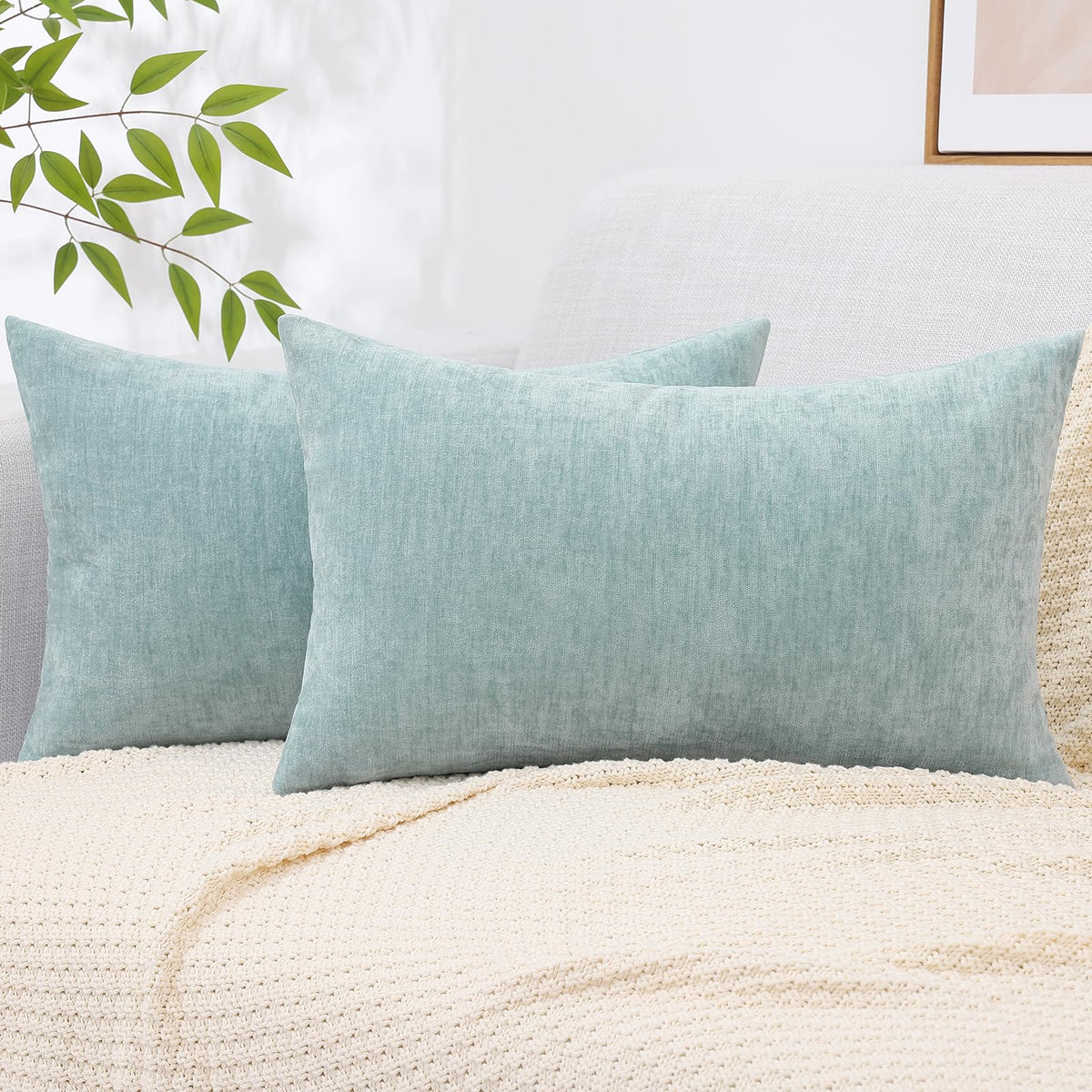 Decoruhome Couch Throw Pillow Covers 12X20 Set Of 2, Decorative Soft Chenille Solid Dyed Lumbar Spring Pillow Covers For Sofa Bed Living Room, Aqua Haze