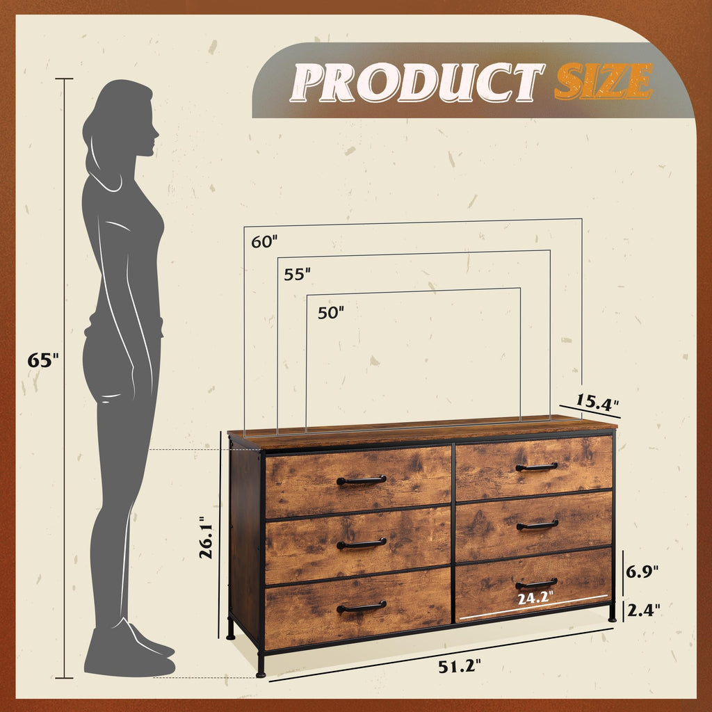 WLIVE 6 Drawer Dresser Rustic Brown Fabric Storage Cabinet for Bedroom Living Room TV Stand 51.2"W