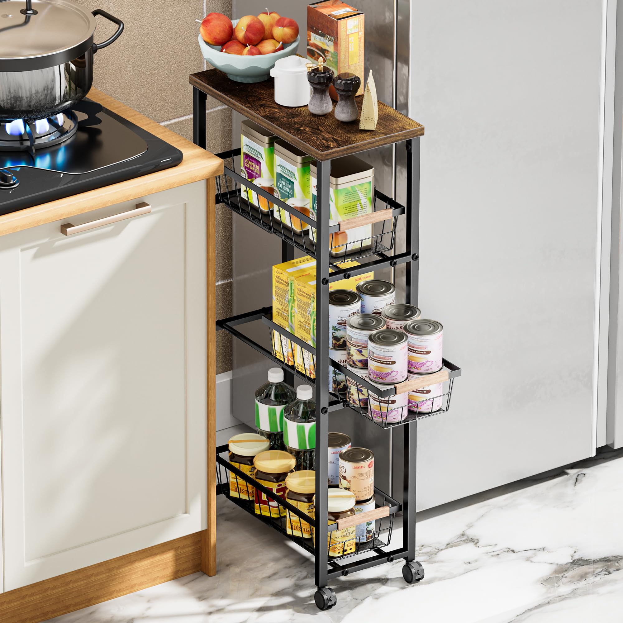 Brippo Narrow Rolling Cart with Wheels, 4-Tier Slim Metal Storage Cart with Pull-Out Baskets, 7.87 Inch Width Small Laundry Room