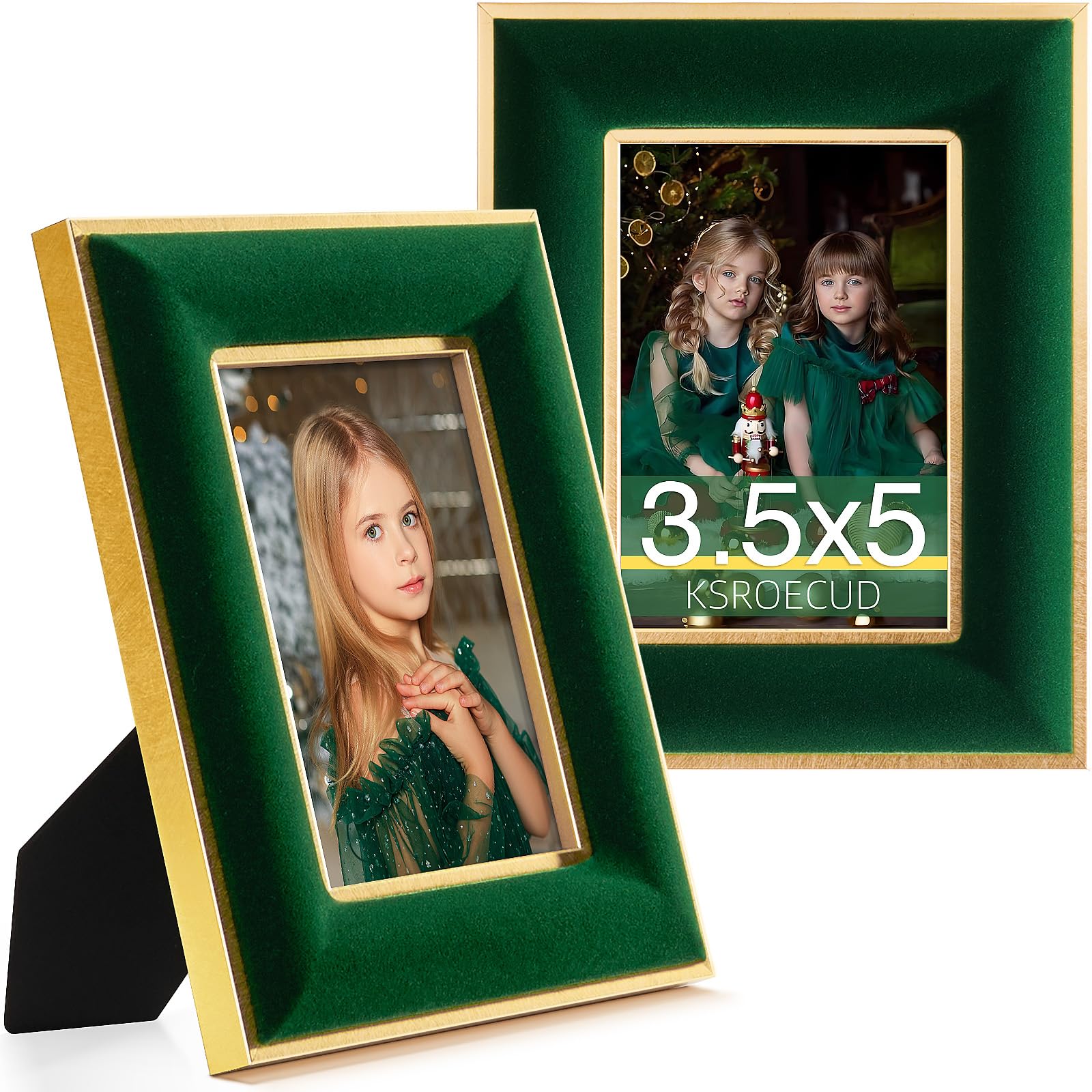 KSROECUD 3.5x5 Velvet Picture Frame, Green Photo Frames with Modern Simple Metallic Gold Border, HD Real Glass Horizontal & Vert
