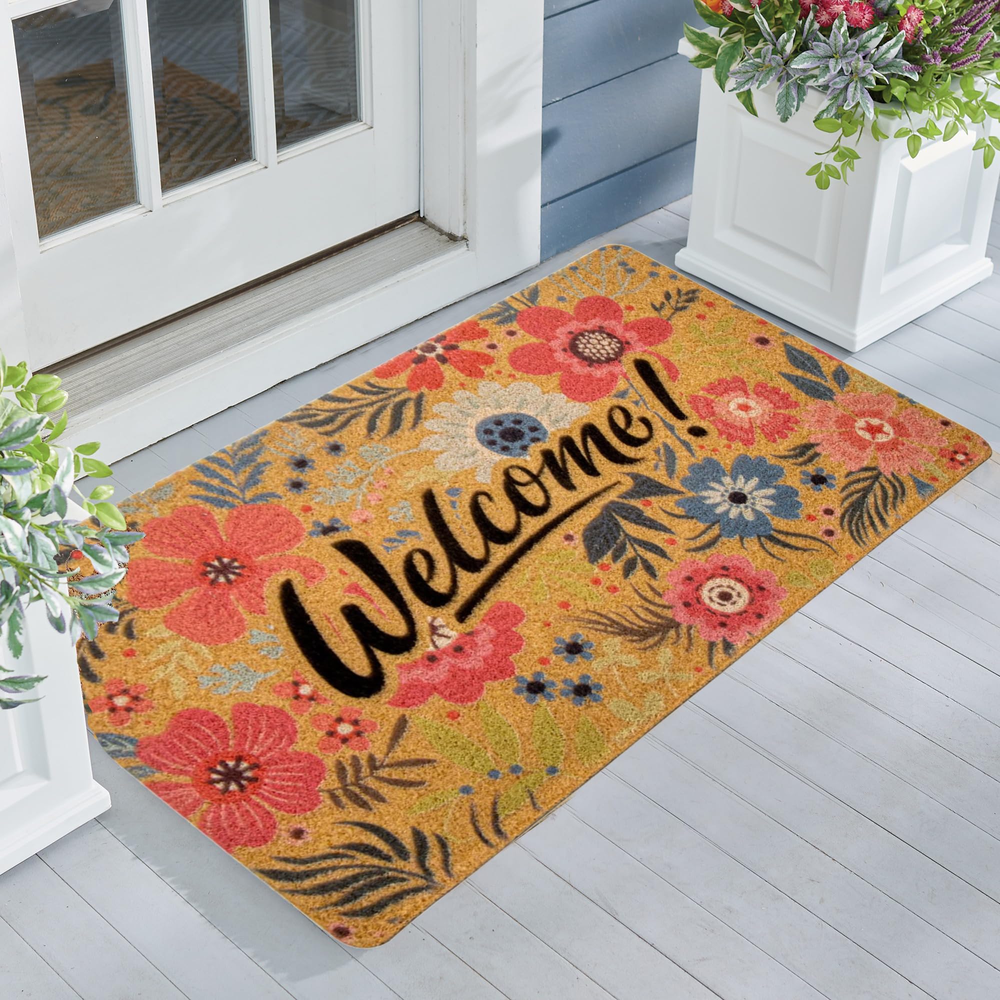 IZUS Floral Welcome-Doormats Front-Door - Spring Flower Home Decor Indoor-Mats Summer Non-Slip Seasonal Doormats 17x30 (Welcome 