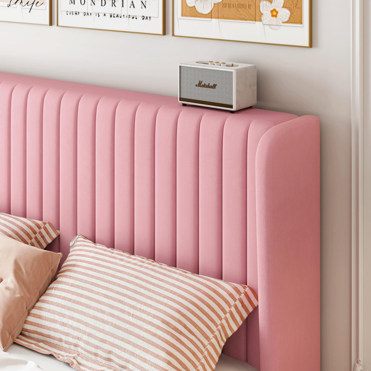 Sha Cerlin King Size Velvet Bed Frame With Vertical Channel Tufted Wingback Headboard, Upholstered Platform Bed With Wood Slats, No Box Spring Needed, Easy Assembly, Pink