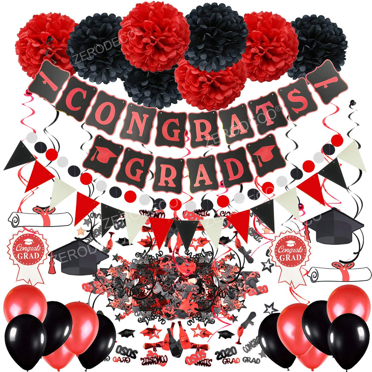 ZERODECO Graduation Decorations, Black and Red Congrats Grad Banner Paper Pompoms Hanging Swirls Graduation Confetti Paper Garla