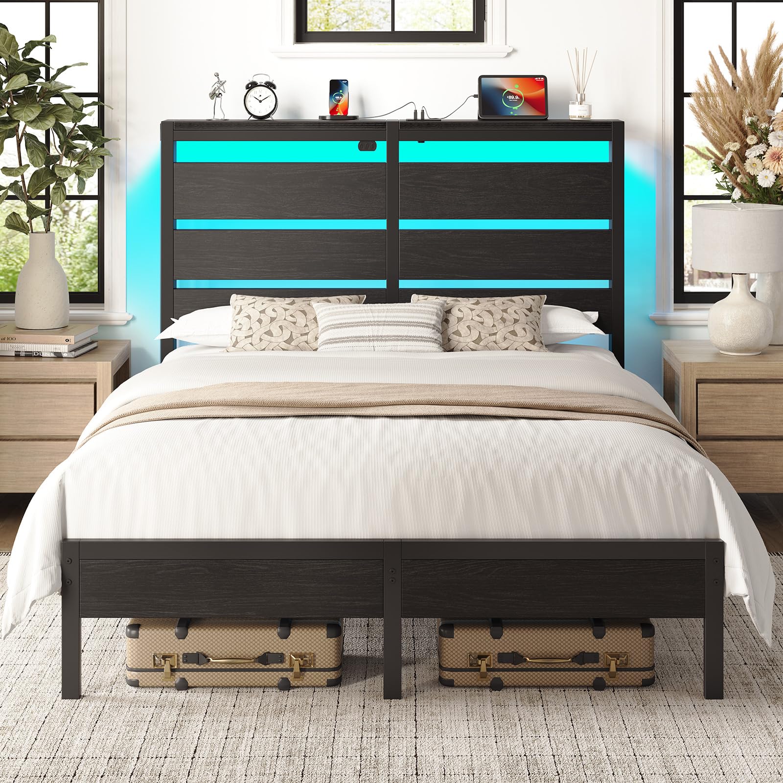 Rolanstar Queen Bed Frame with LED Lights and Charging Station, Wood Storage Headboard and Under Bed Storage, Metal Platform, No
