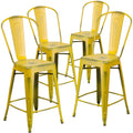 4 Pk. 24 High Distressed Yellow Metal Indoor Counter Height Stool with Back