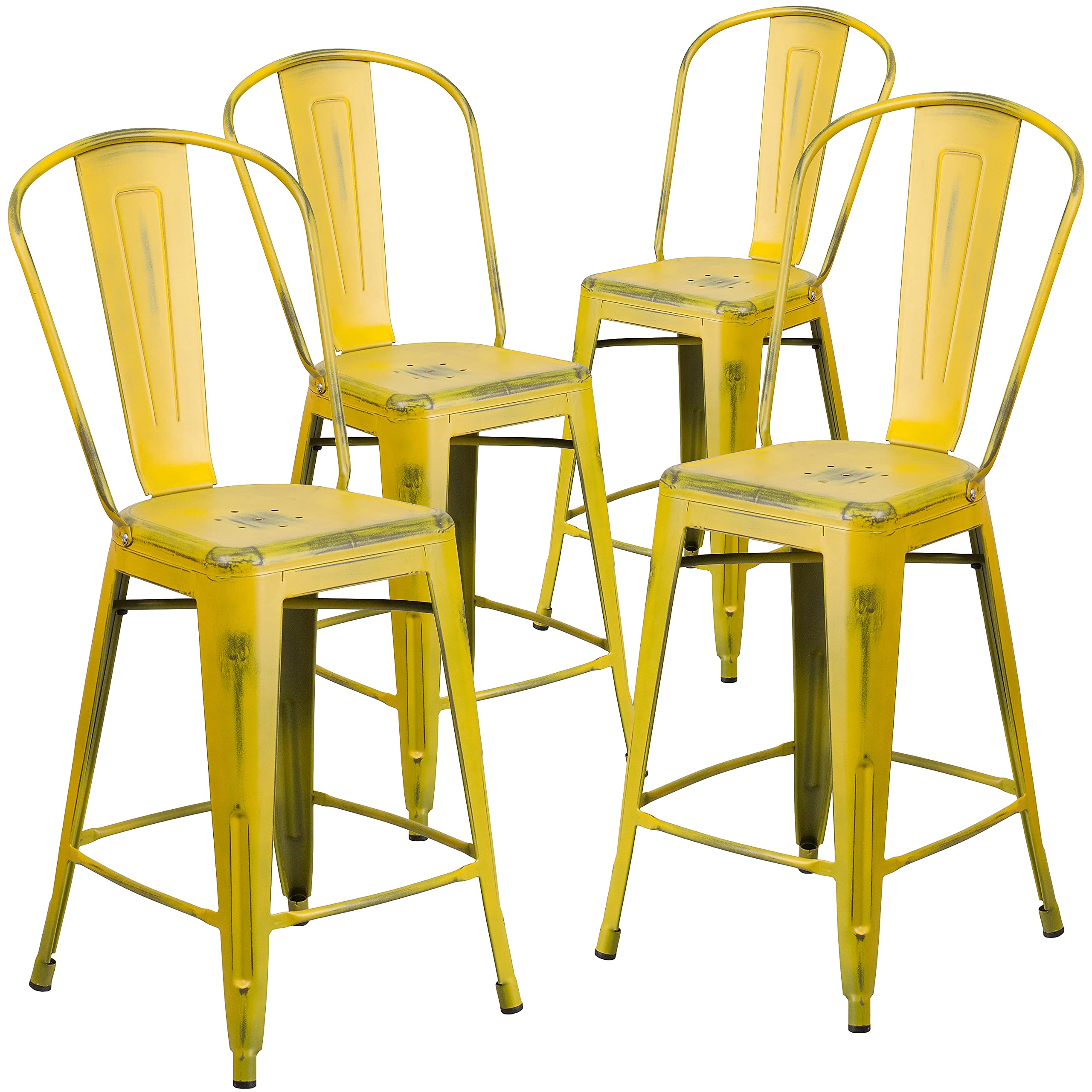4 Pk. 24 High Distressed Yellow Metal Indoor Counter Height Stool with Back