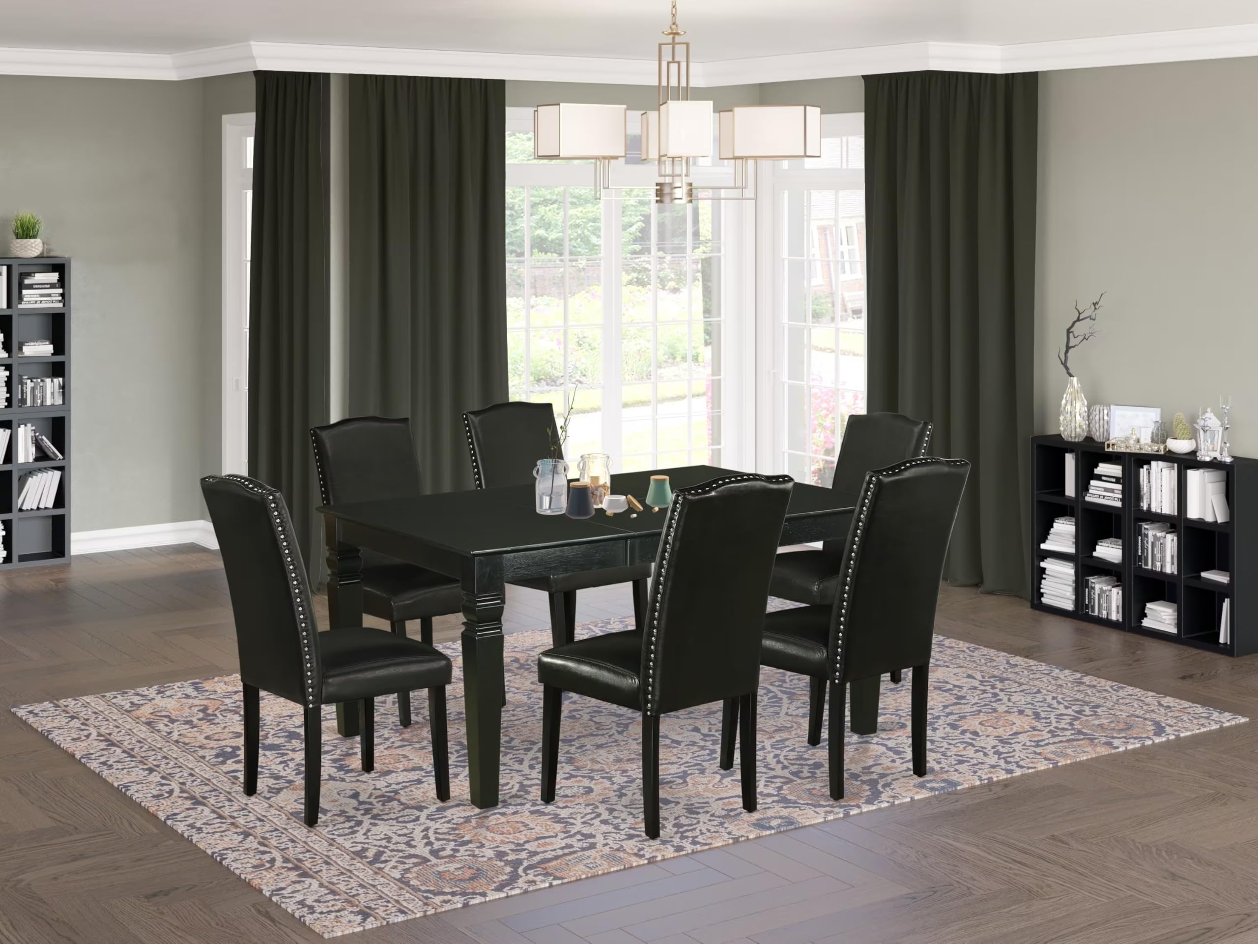 East West Furniture WEEN7-BLK-69 7 Piece Dining Table Set Consist of a Rectangle Dining Room Table with Butterfly Leaf and 6 Black Faux Leather Upholstered Chairs, 42x60 Inch, Black