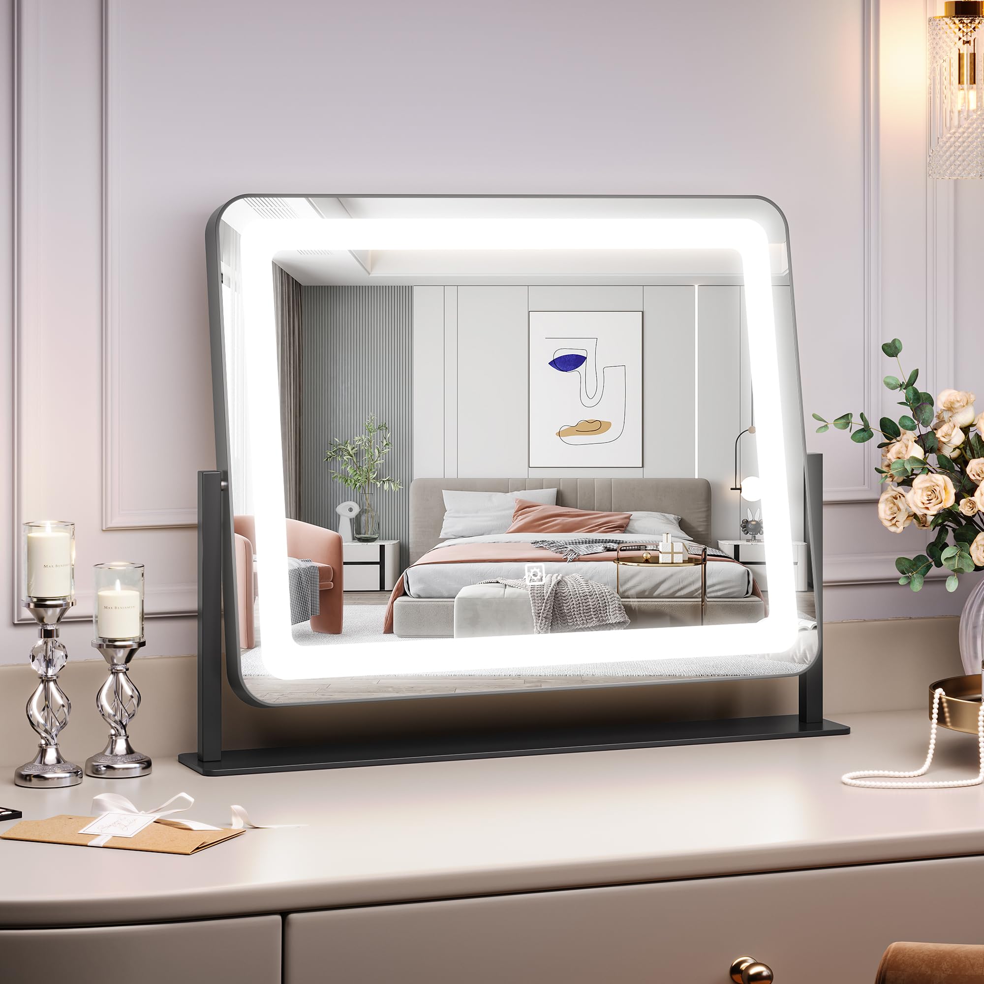 19.6x15.7 Vanity Mirror with Lights, Large Lighted Mirror, LED Makeup Mirror with 3-Color Dimmable Modes and Smart Touch Control