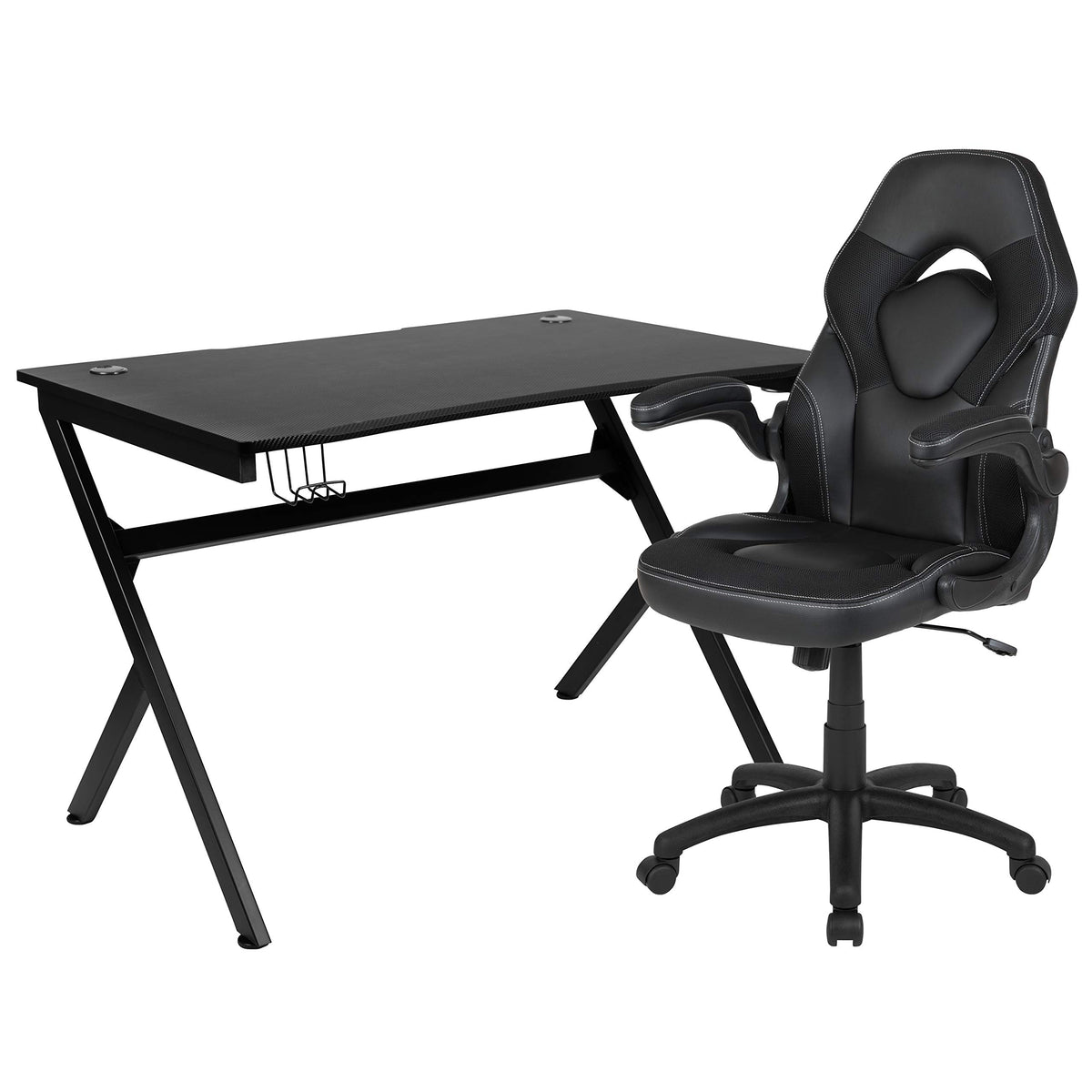 Flash Furniture Optis Black Gaming Desk and Black Racing Chair Set with Cup Holder, Headphone Hook & 2 Wire Management Holes
